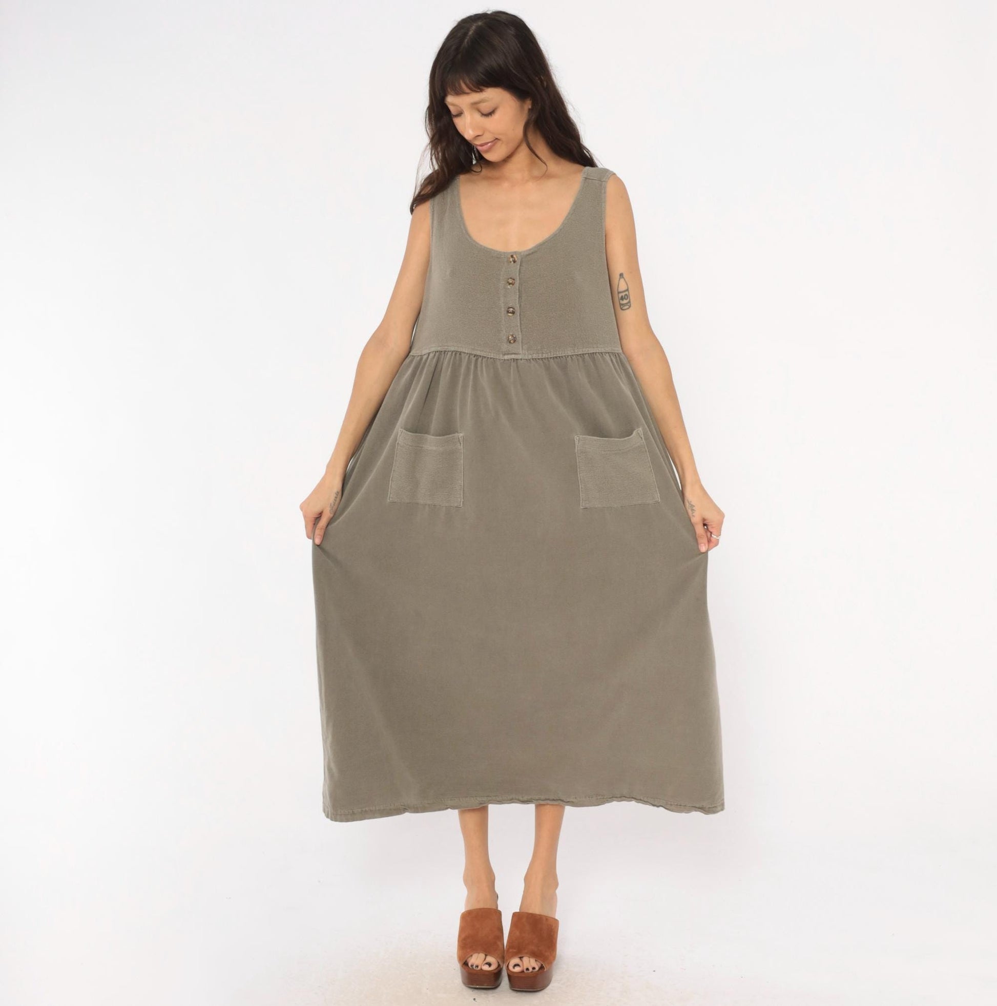90s Cotton Stuff Classics Maxi Dress Grey Sleeveless Button Front Large L
