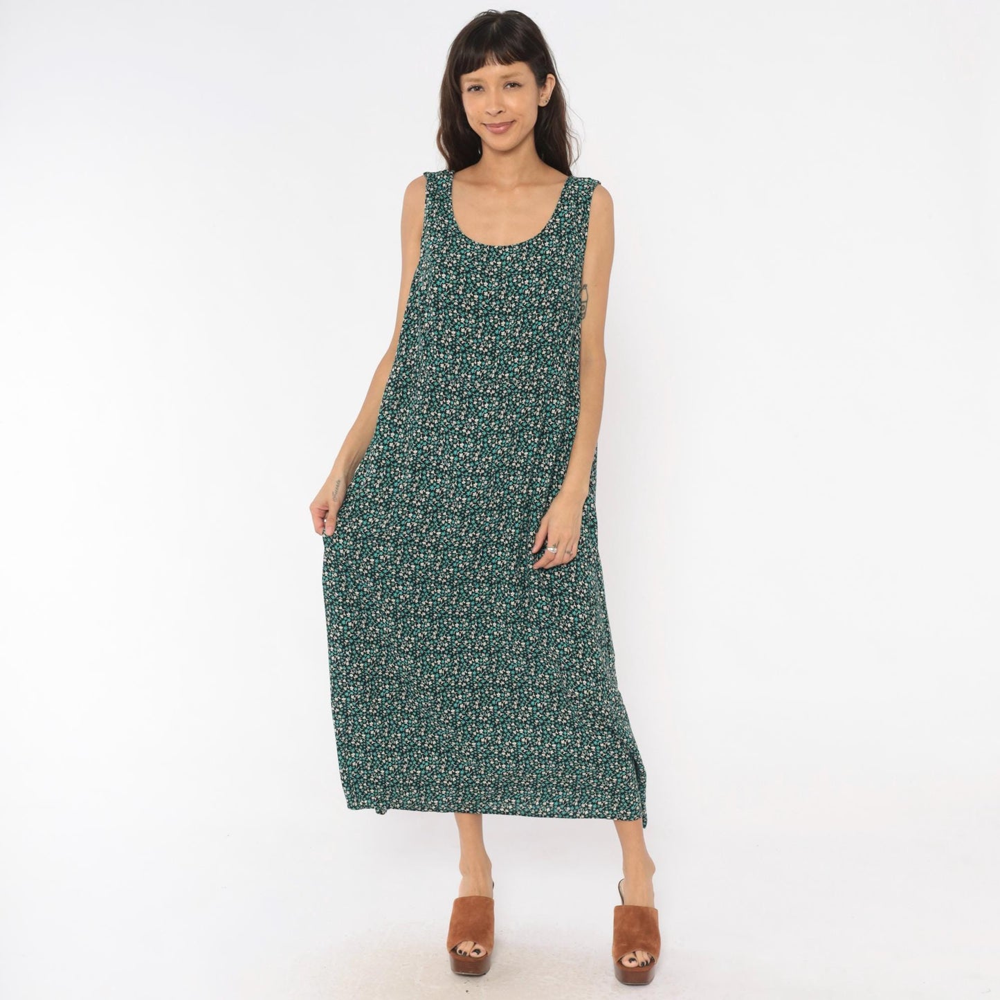 90s Teddi Woman Ditsy Floral Maxi Dress Teal Cream Black Tank Plus Size XXL