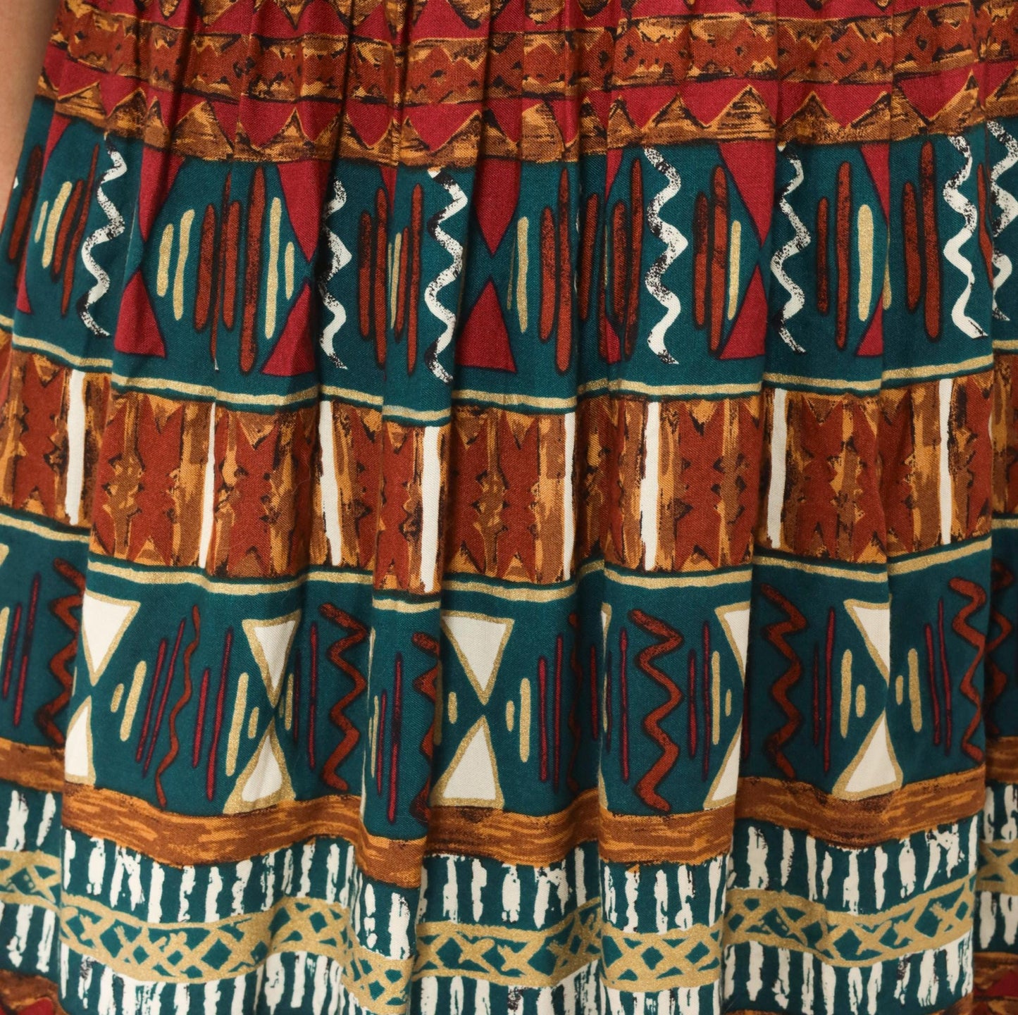 90s Stuart Alan Petites Tribal Print Dress Teal Burgundy Midi V Neck Medium