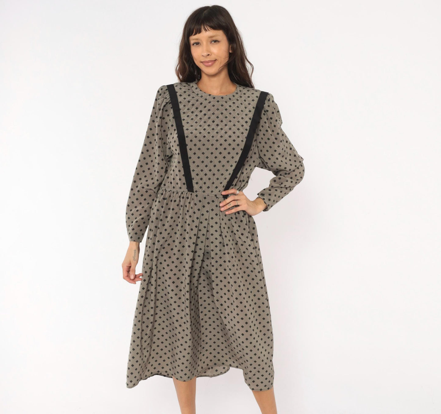 80s Donna Morgan Diamond Print Midi Dress Grey Balloon Sleeve Medium M