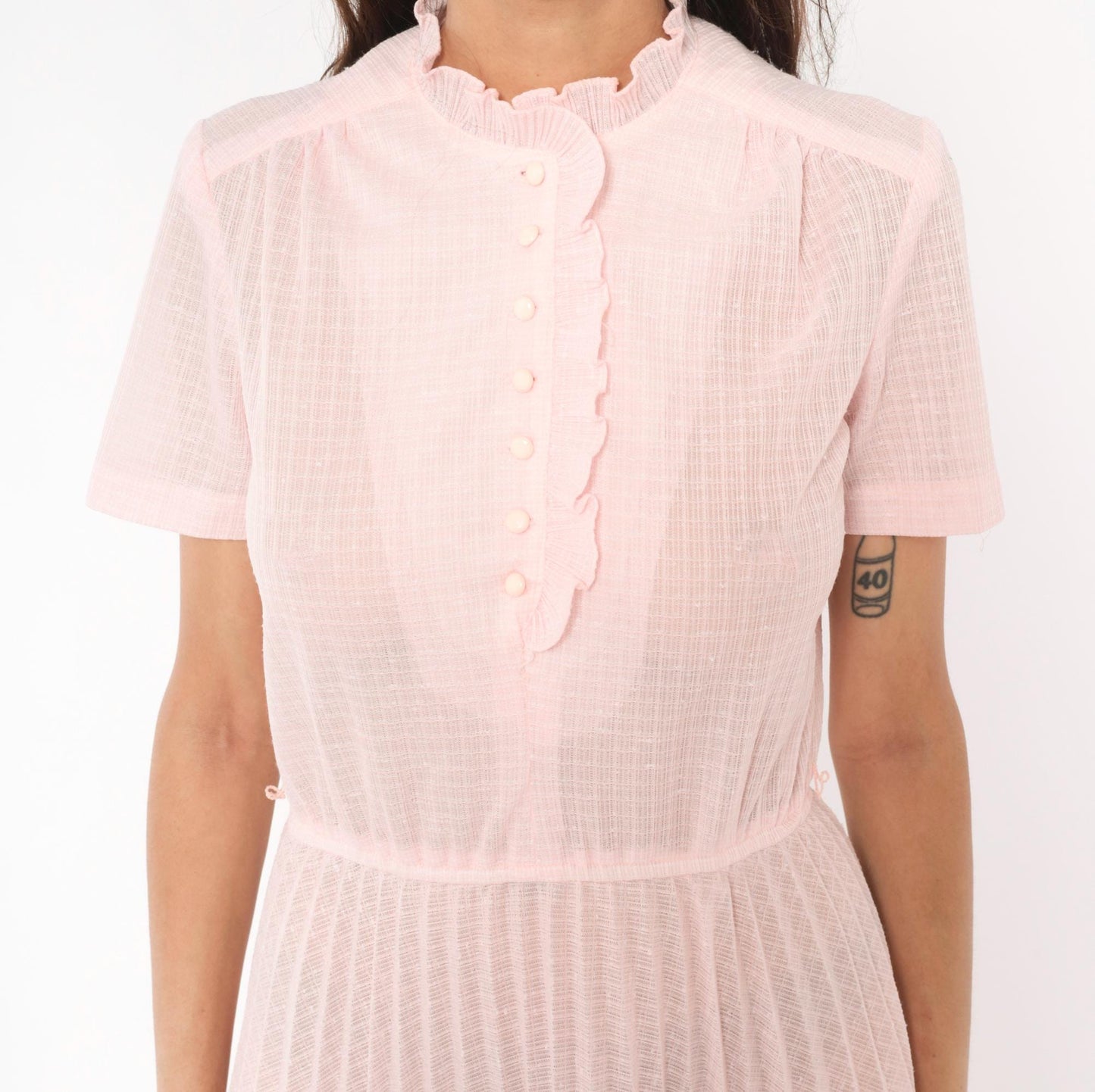 70s Blush Pink Shirtdress Pleated Midi Ruffled Collar Puff Sleeve Small S