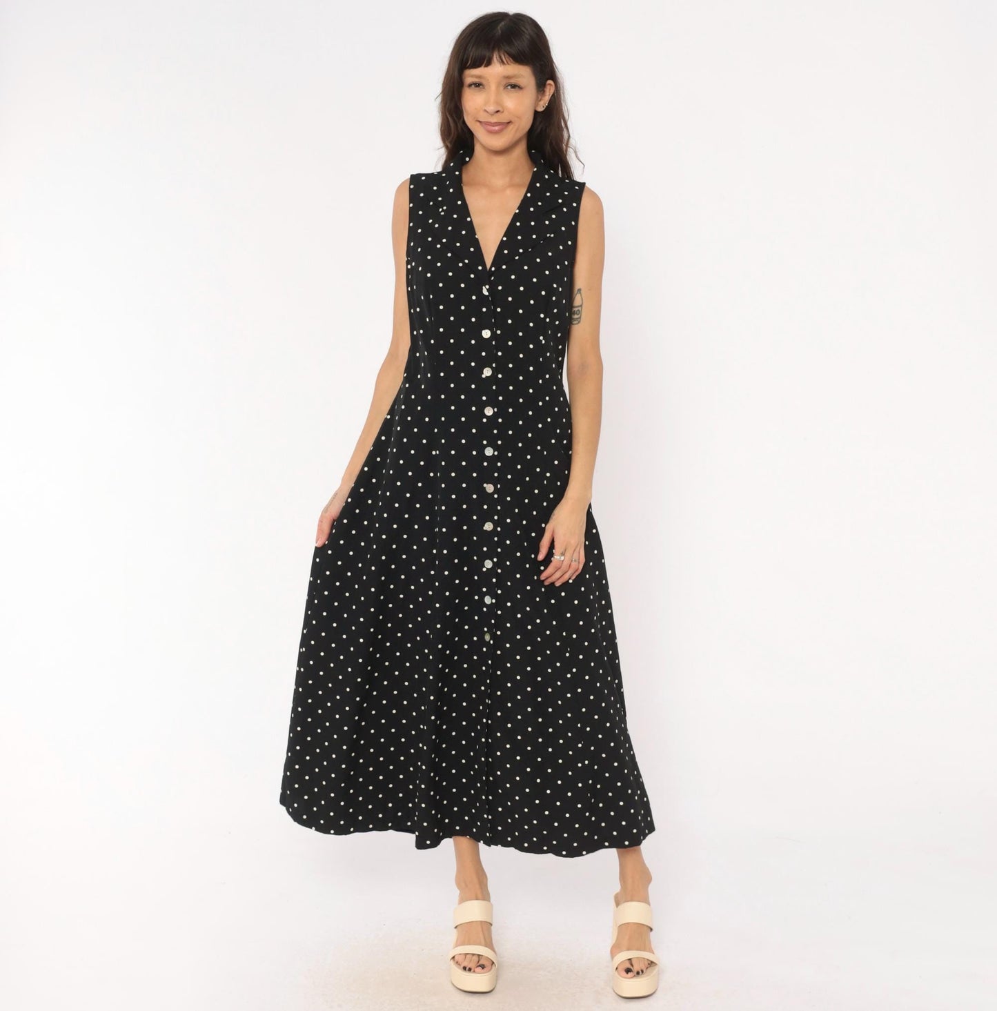 90s Dressbarn Black White Polka Dot Maxi Dress V Neck Button Front Large L