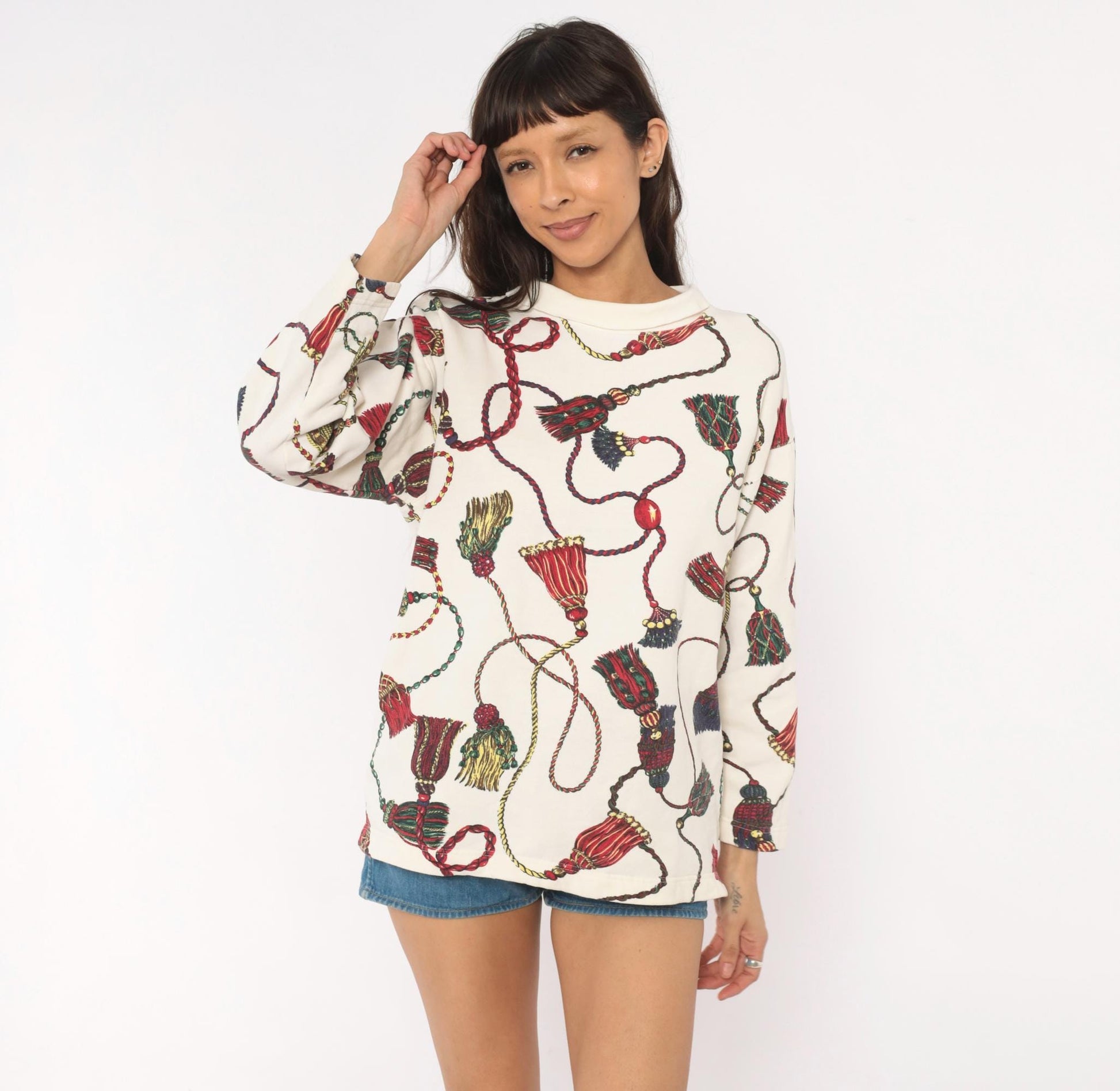 90s Cambridge Dry Goods Tassel Print Sweatshirt Cream Cowl Neck Small