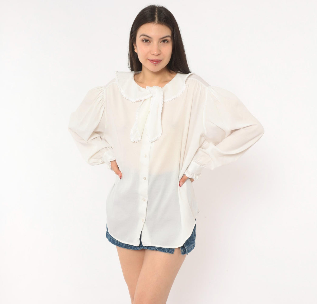 70s Lady Oak Hill White Bow Collar Blouse Puff Sleeve Lace Trim Extra Large XL