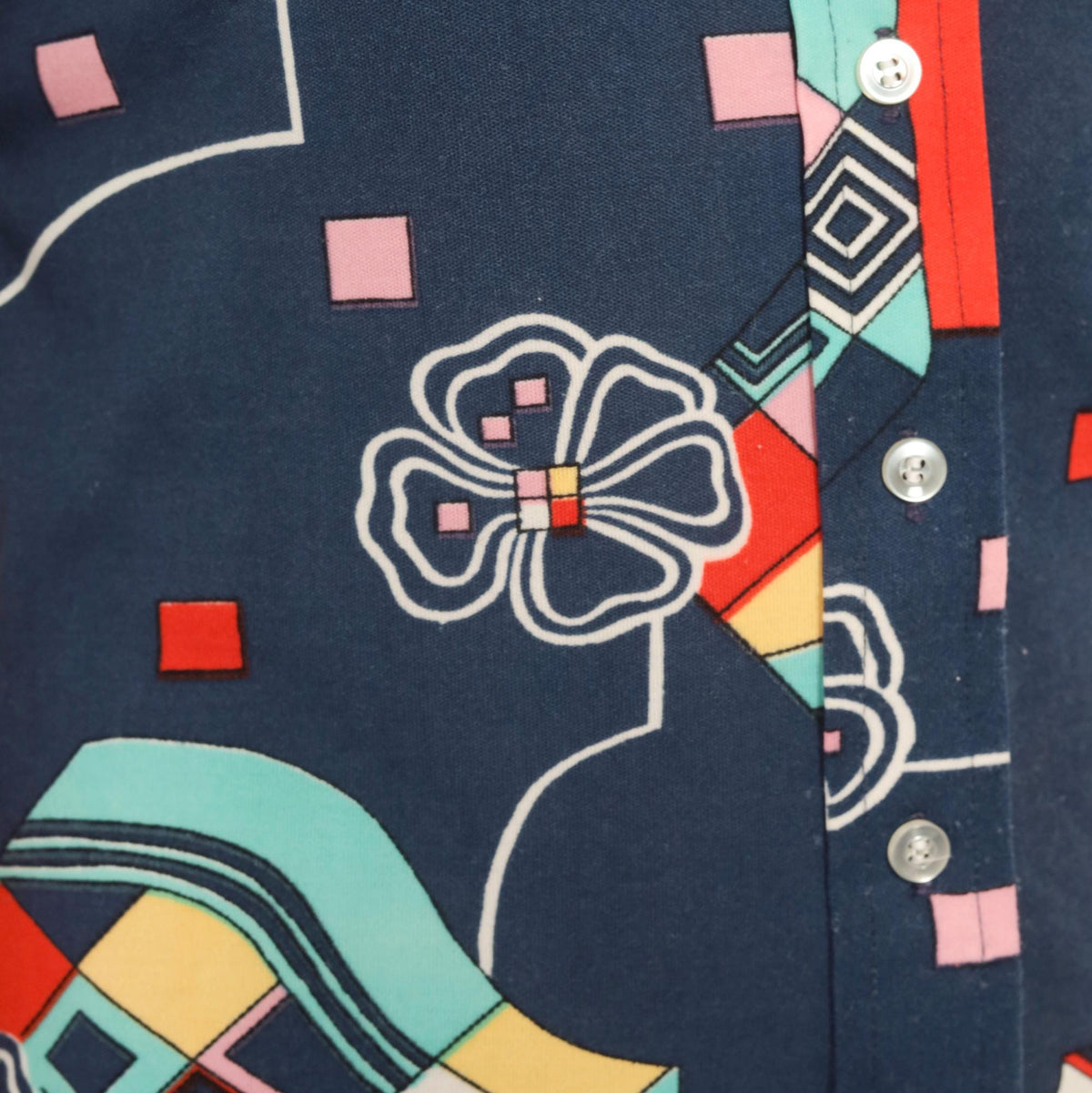 70s Panther Navy Geometric Floral Button Front Blouse Long Sleeve Small