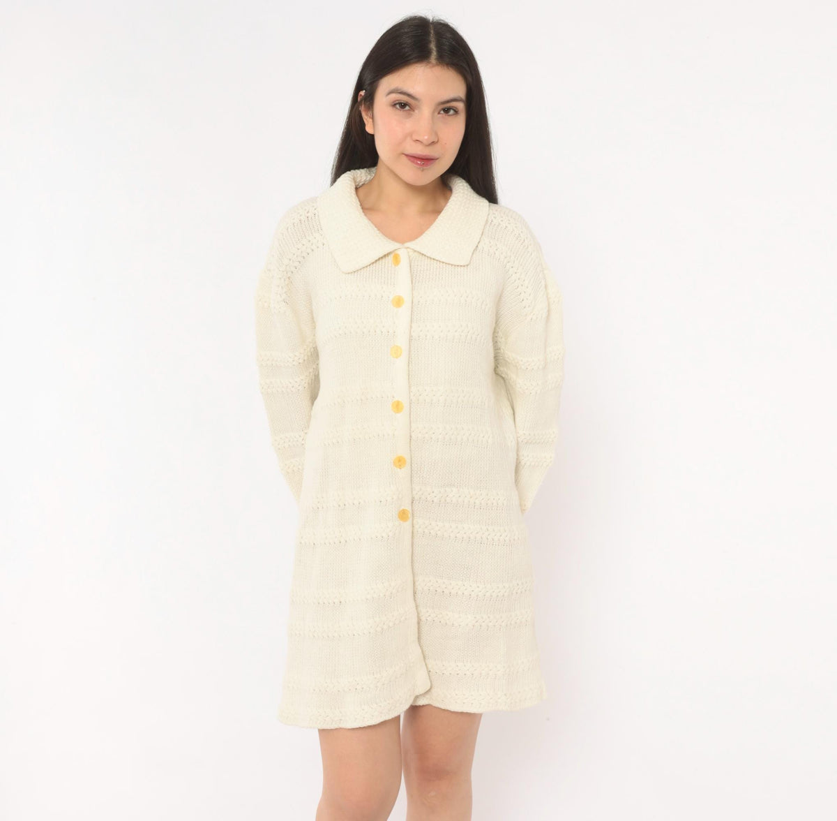 70s Cream Knit Cardigan Button Front Lacework Bands Long Sleeve Extra Large XL