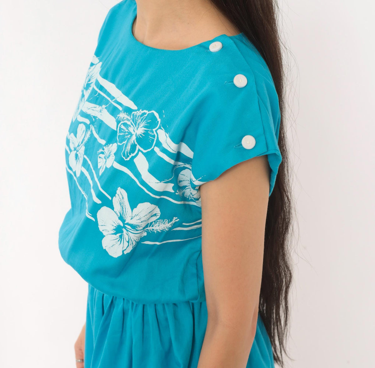 80s Hans Jütte Hawaii Hibiscus Romper Turquoise Floral Cotton Cap Sleeve Medium