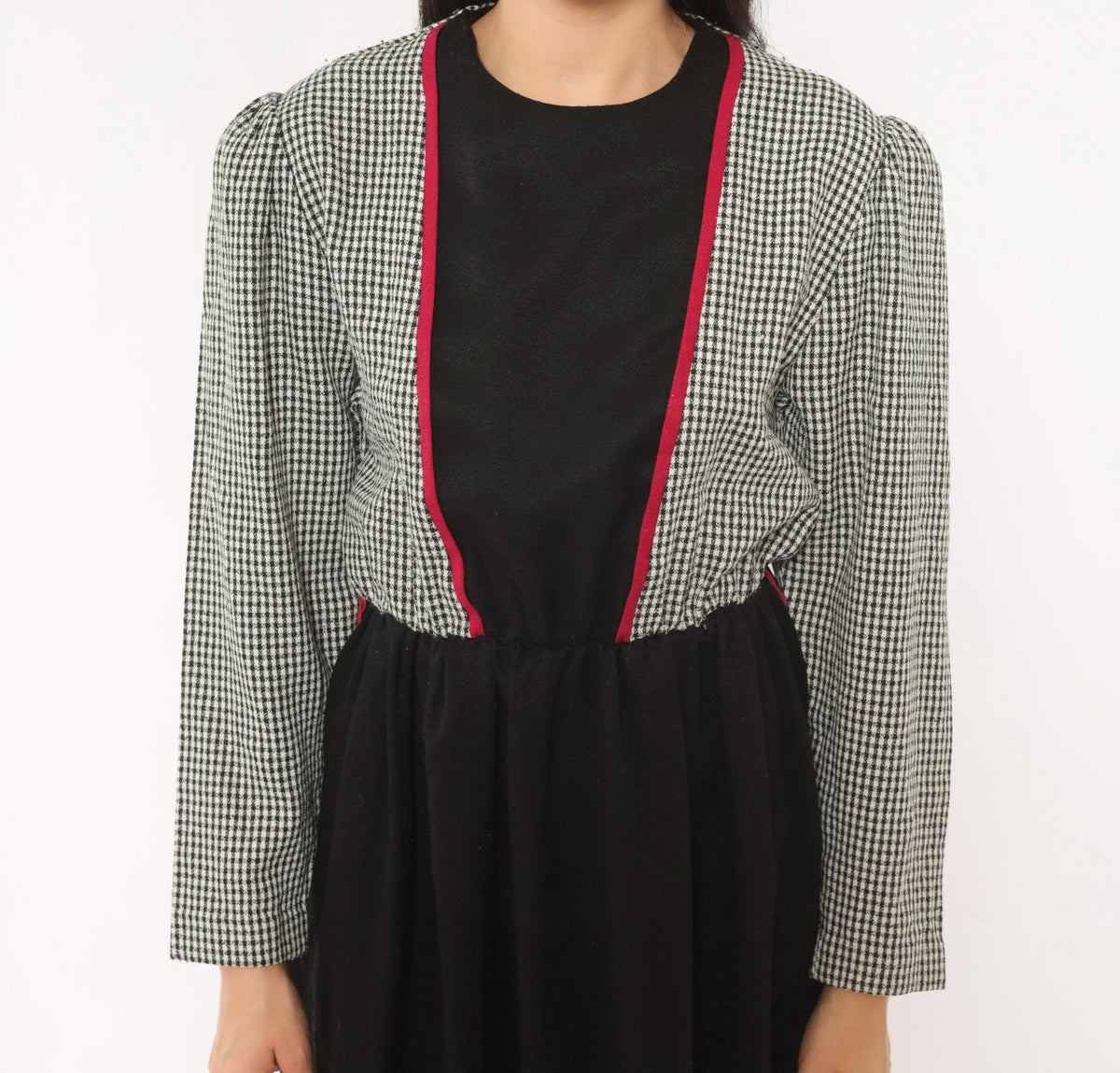 80s Houndstooth Check Dress Black White Puff Sleeve Knee Length V Panel Small