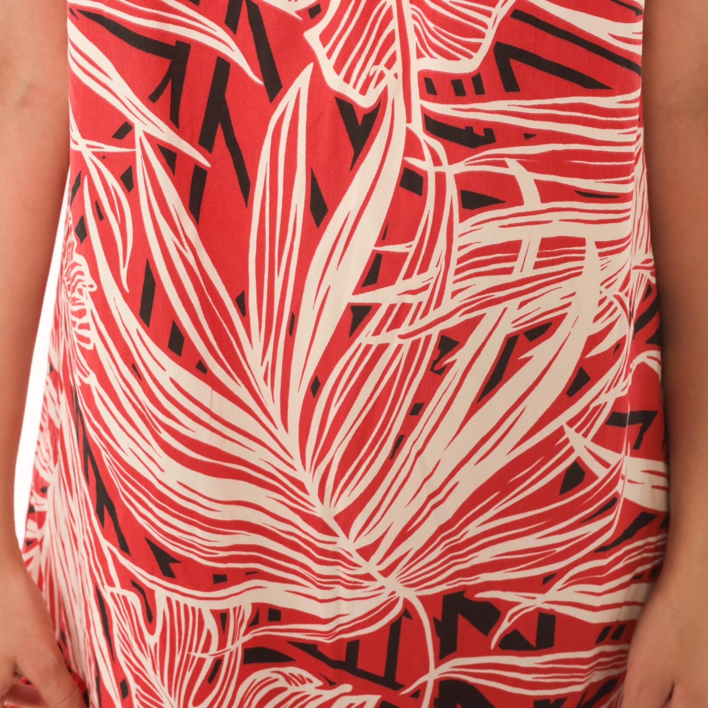 80s Me-Too Tropical Leaf Print Dress Red White Puff Sleeve Knee-Length XS