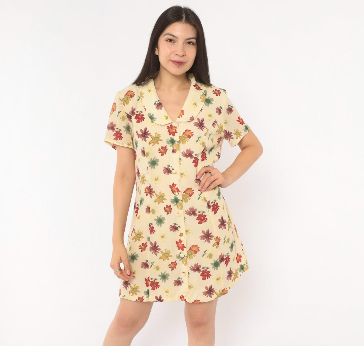 90s Evan-Picone Floral Button Front Mini Dress Cream Daisy Print Medium M
