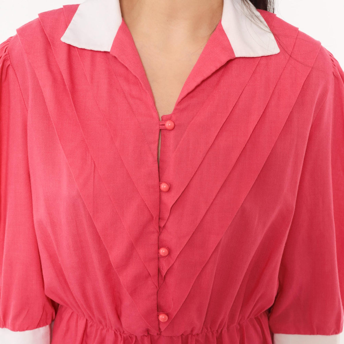 80s Fuchsia Puff Sleeve Shirtdress White Collar Pleated Bodice Pink Buttons Small Medium