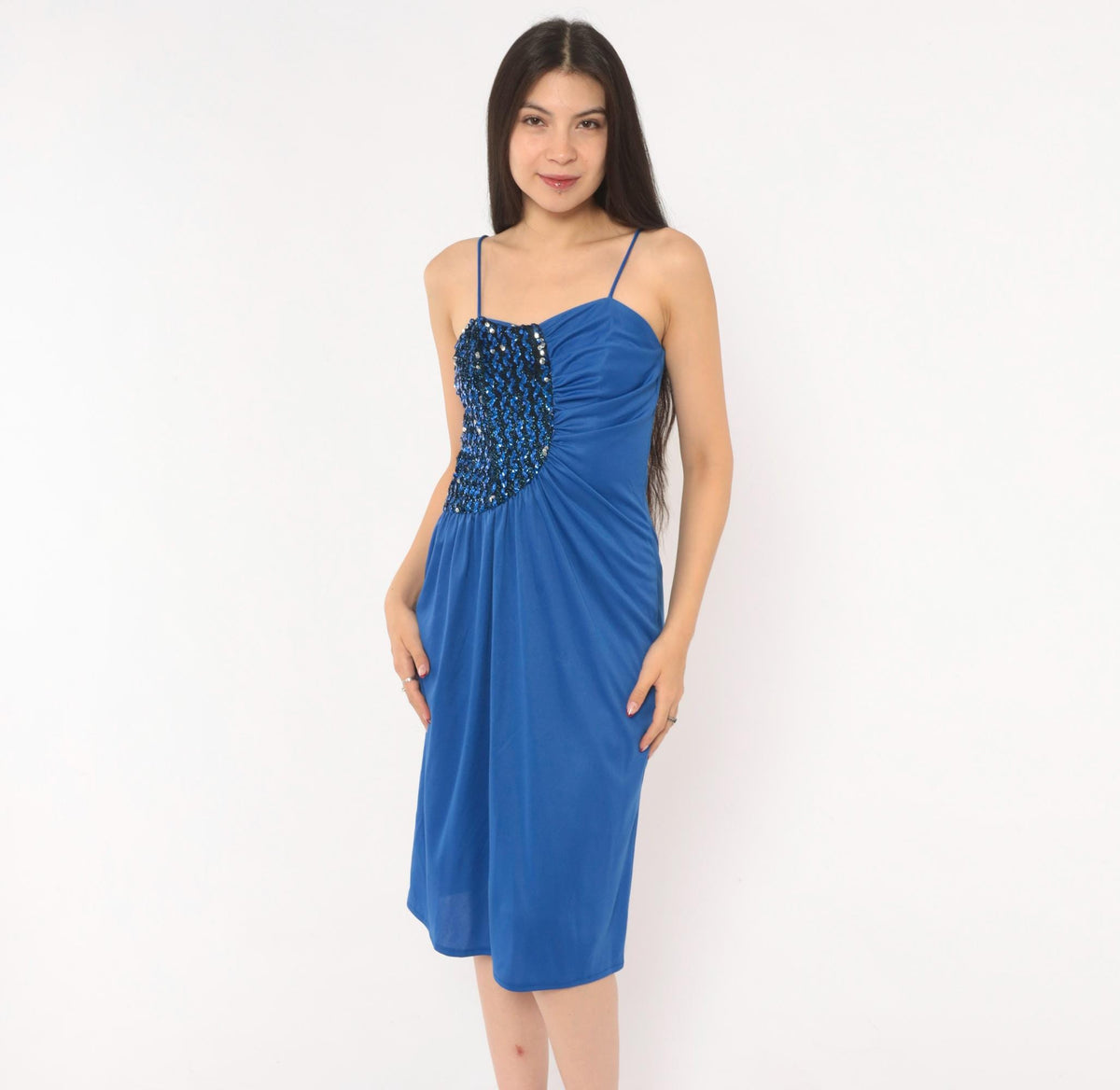 80s Cobalt Blue Sequin Spaghetti Strap Dress Knee Length Beaded Bodice Extra Small XS