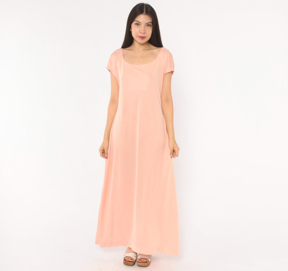70s Blush Pink Maxi Dress Cap Sleeve Scoop Neck A-Line Large