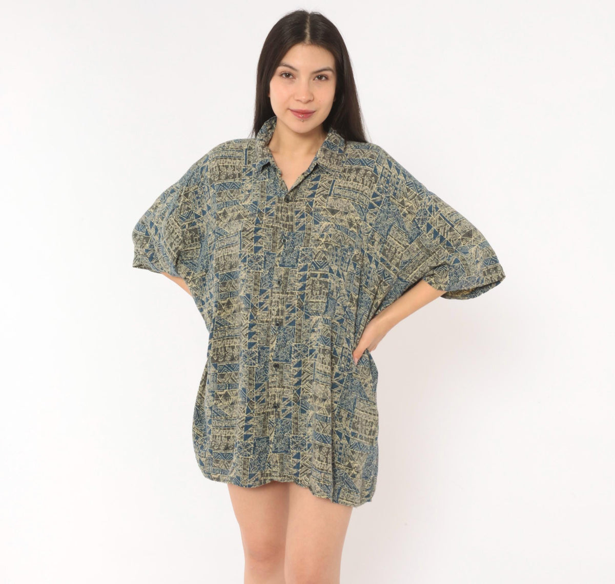 2000s Natural Issue Hawaiian Shirt Blue Cream Tribal Geometric Camp Shirt Extra Large XL