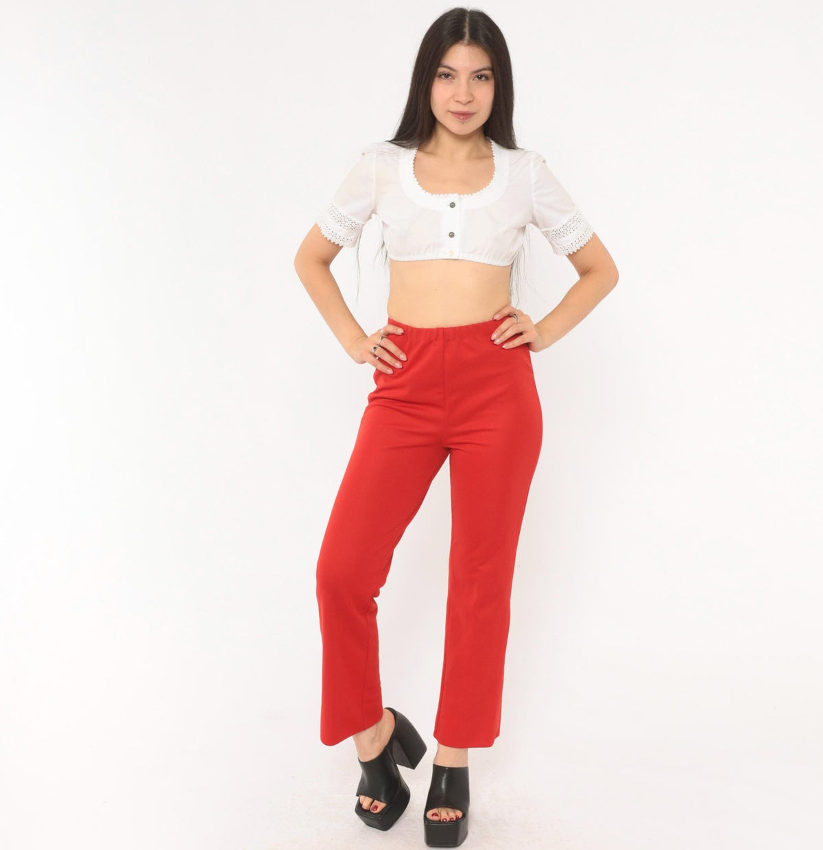 70s Red High Rise Straight Leg Pants Elastic Waist Pull On Trousers Extra Small XS