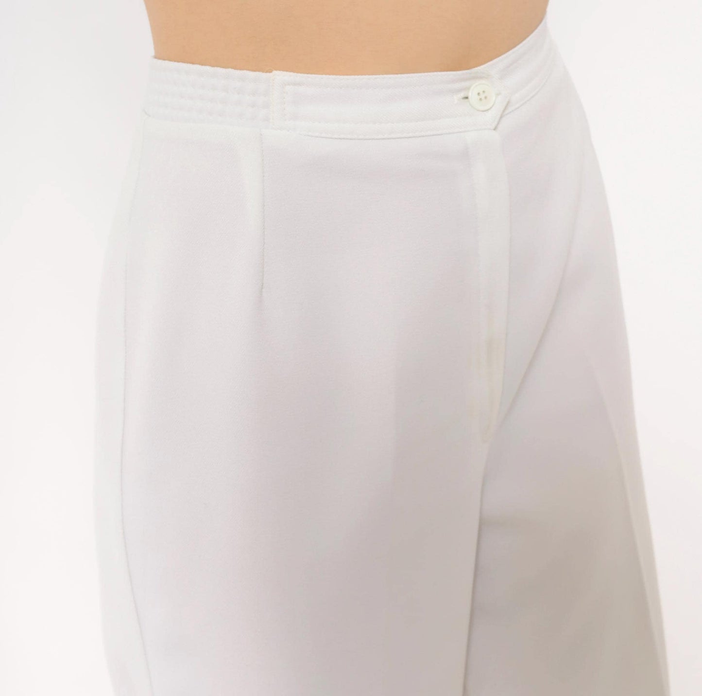 70s White High-Rise Wide-Leg Trousers Pleated Straight Pants Large L