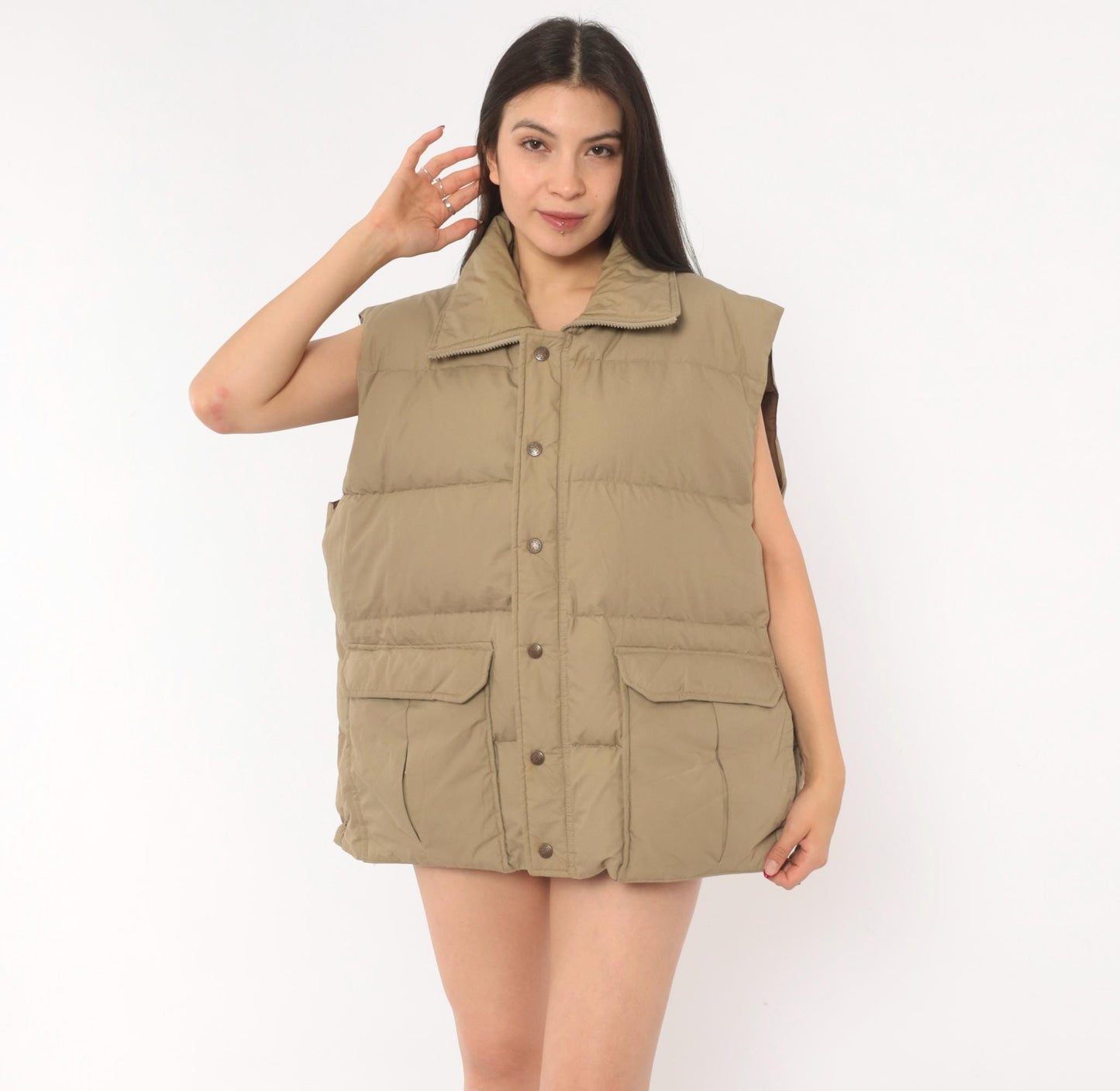 80s Tan Puffer Vest Sears Snap Front Quilted Down Gilet Plus Size XXL
