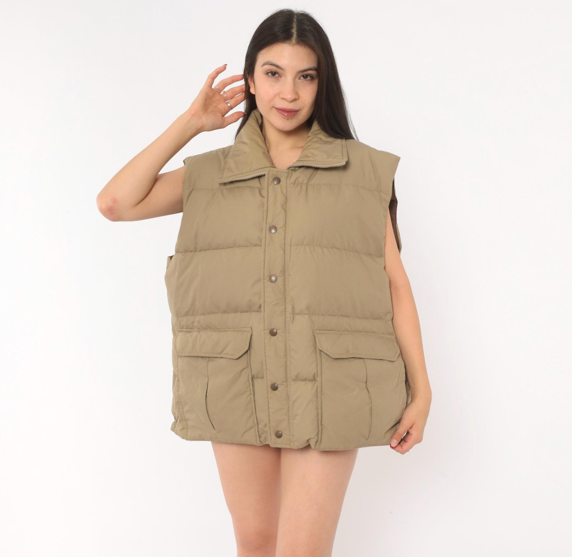 80s Tan Puffer Vest Sears Snap Front Quilted Down Gilet Plus Size XXL