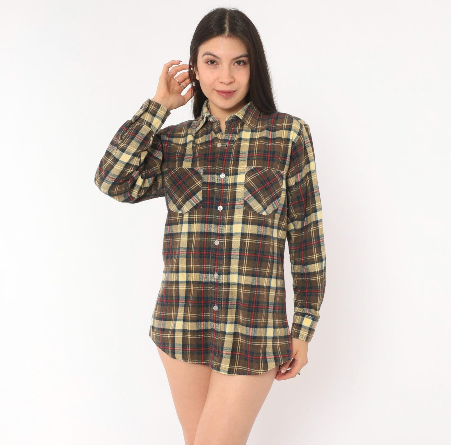 90s Chandler Plaid Flannel Shirt Brown Tan Red Navy Cotton Small S
