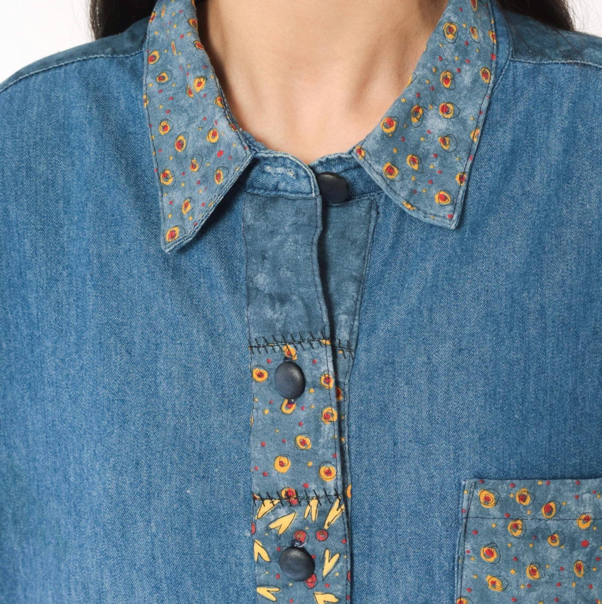 90s St. Jeanne Denim Shirt Patchwork Print Button Front Cotton Extra Large XL