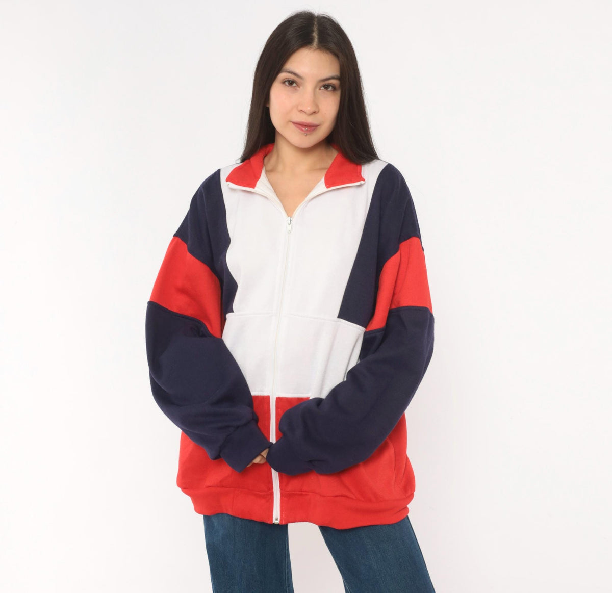 80s Active Wear Color Block Zip Jacket Navy Red White Striped Men's Large