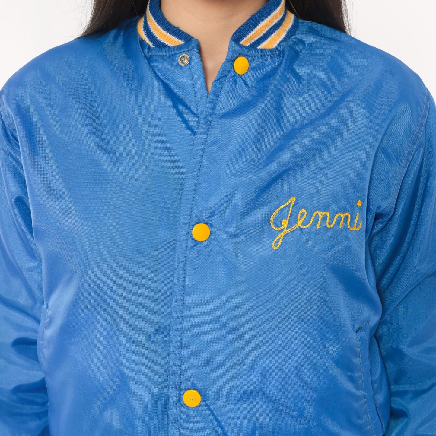 80s West Wind Royal Blue Satin Bomber Jacket Hastings Embroidered Gold Lined XS
