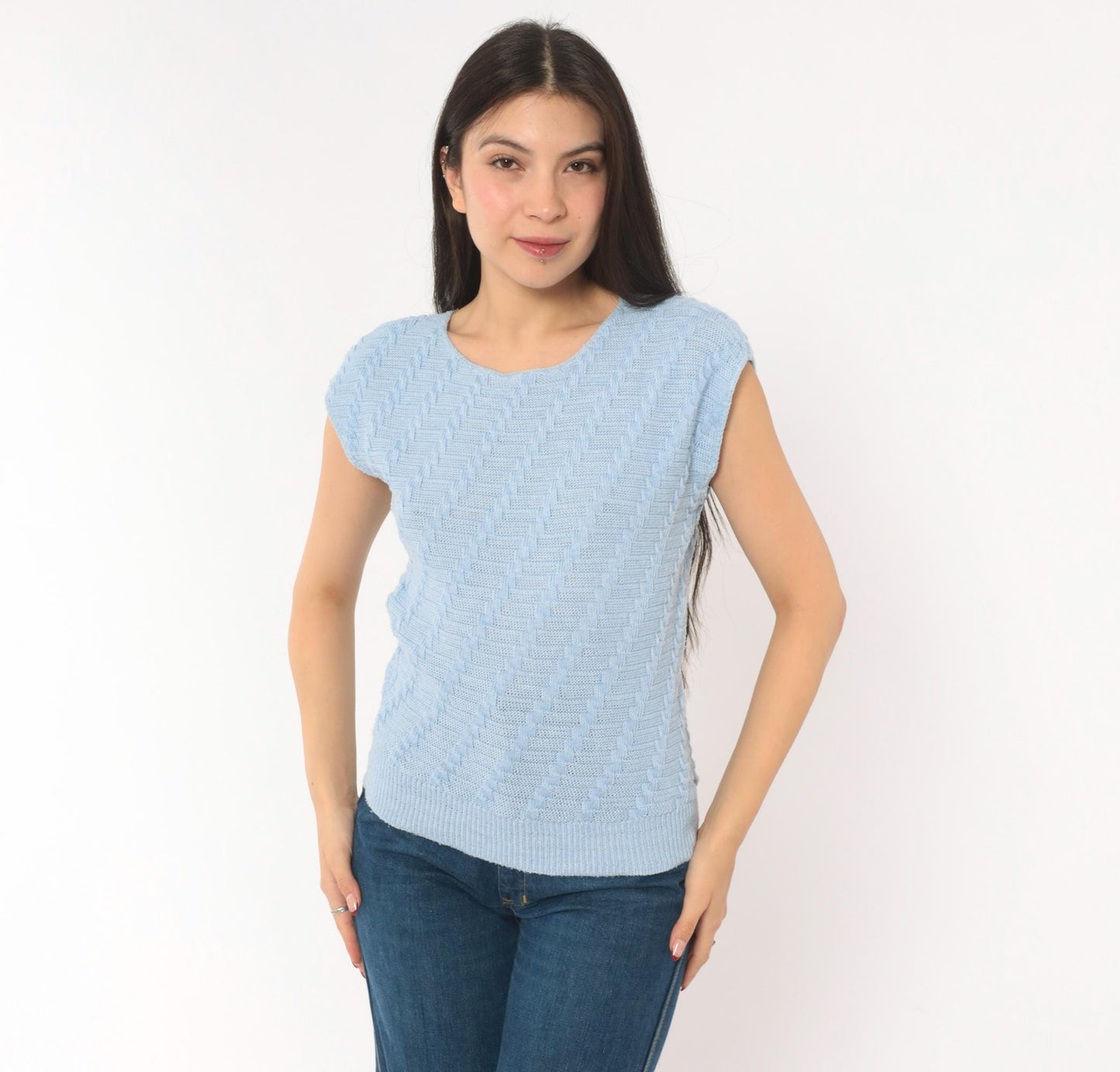 80s King Basketweave Knit Top Cap Sleeve Powder Blue Small Medium