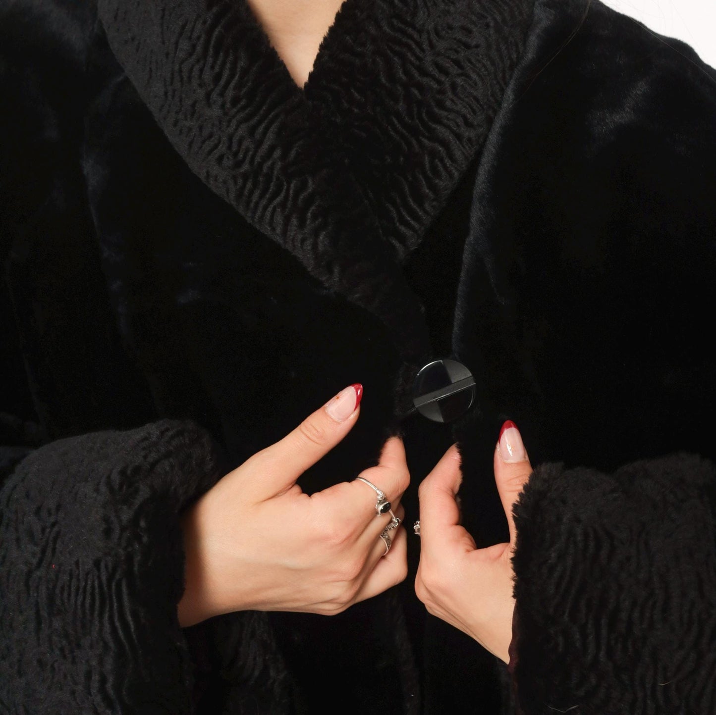 70s Gallery Black Faux Fur Coat Astrakhan Collar Knee-Length Extra Large XL
