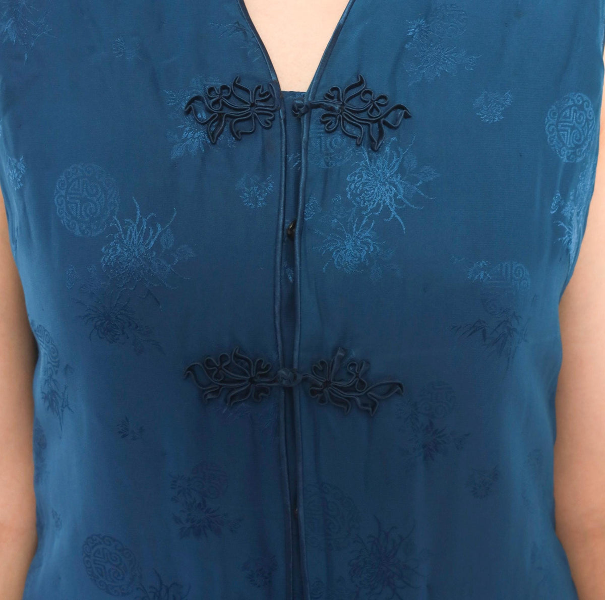 80s Teal Silk Cheongsam Vest Mandarin Frog Closure Floral Small