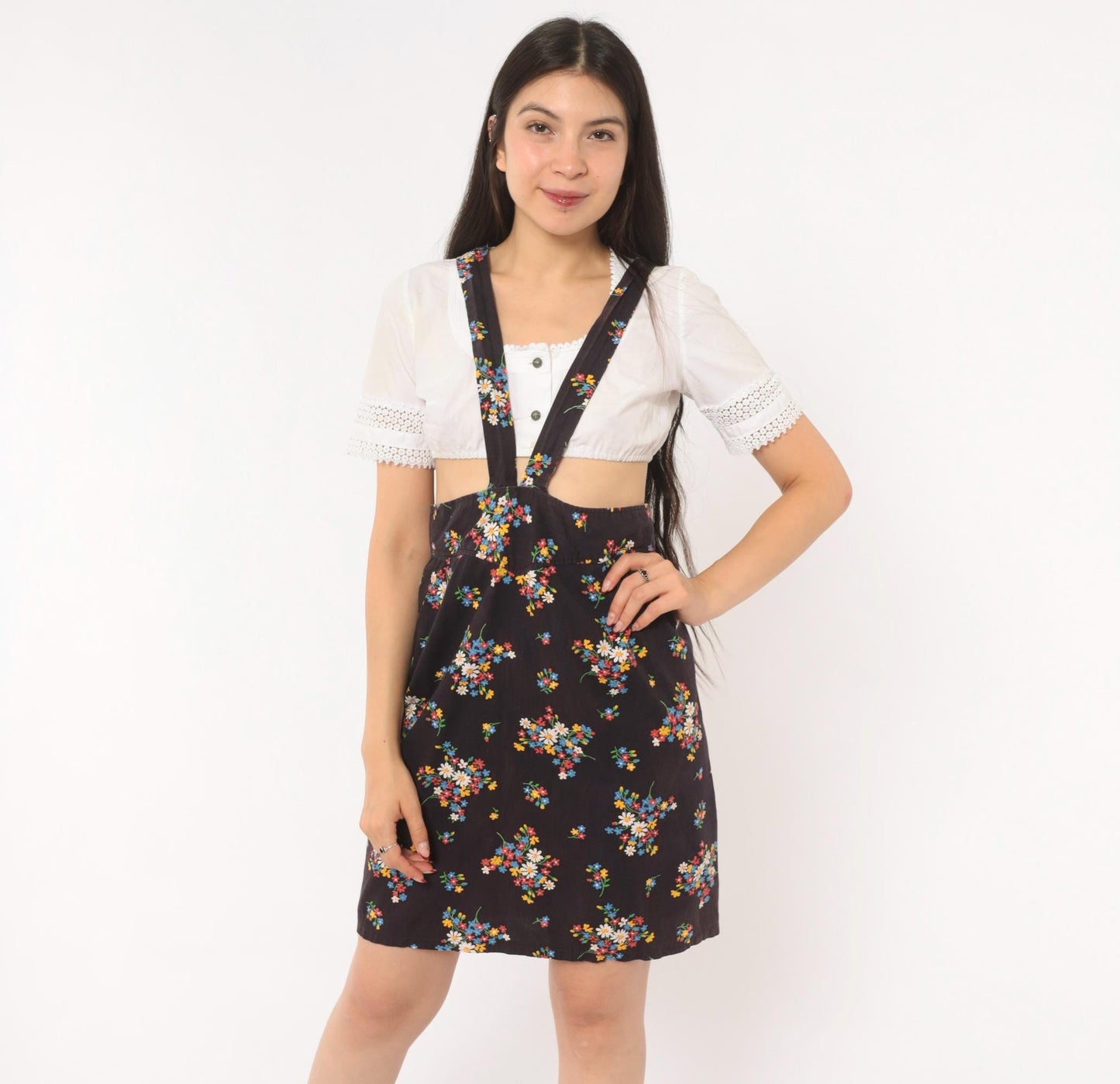 70s Black Floral Suspender Mini Dress Cotton Wildflower Print Small S