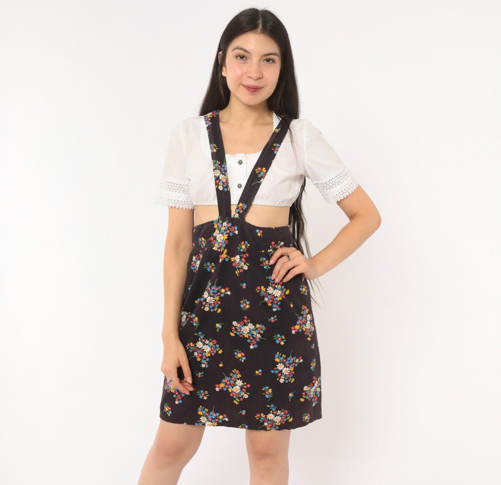 70s Black Floral Suspender Mini Dress Cotton Wildflower Print Small S
