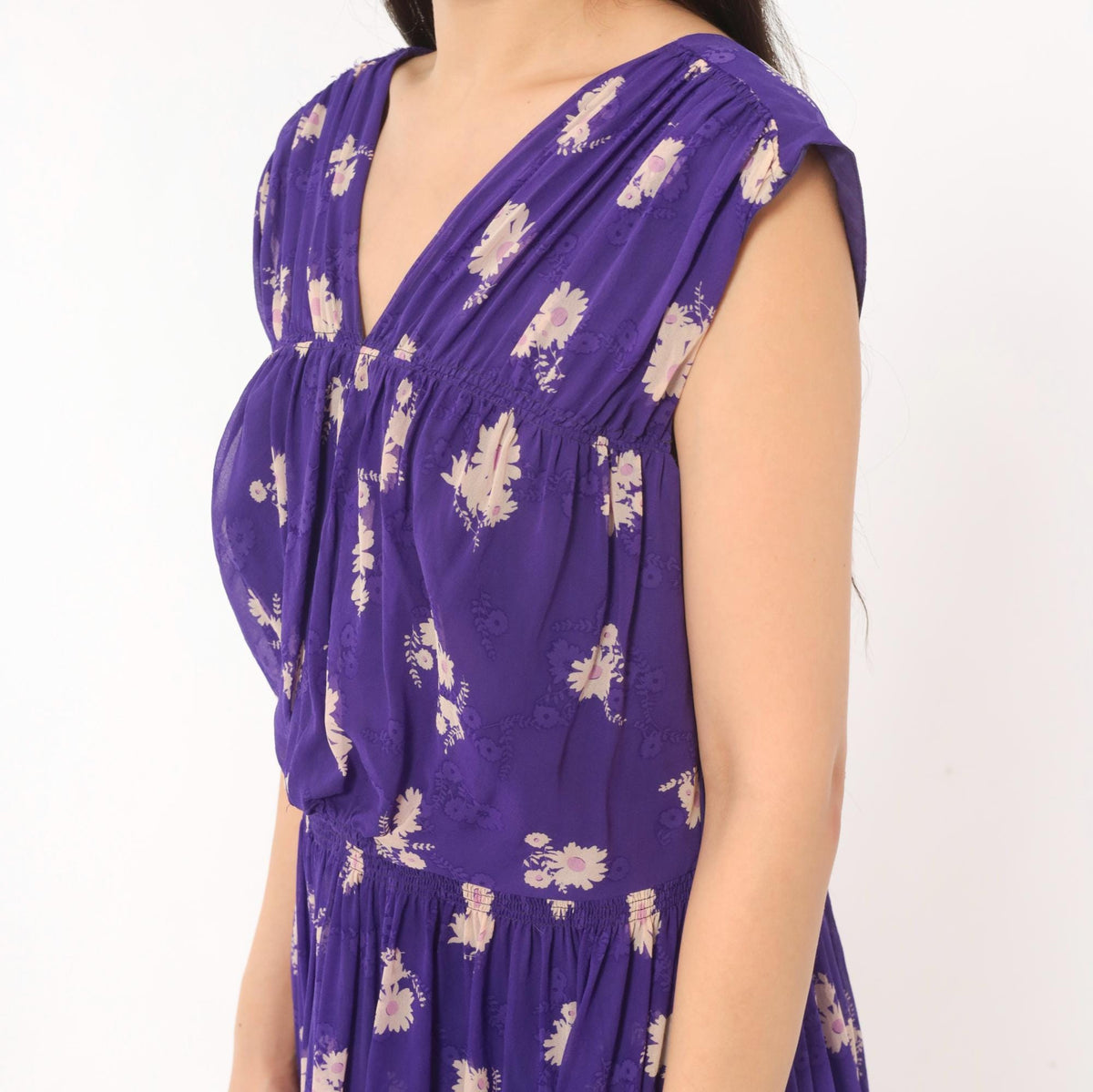 Anna Sui 2000s Purple Silk Dress Daisy Floral V-Neck Cap Sleeve Medium M