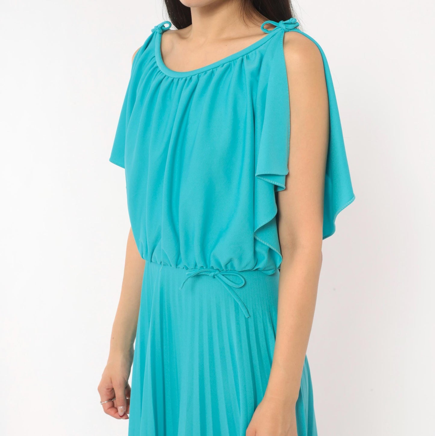 70s Turquoise Maxi Dress Cold Shoulder Flutter Sleeve Blouson Bodice Medium