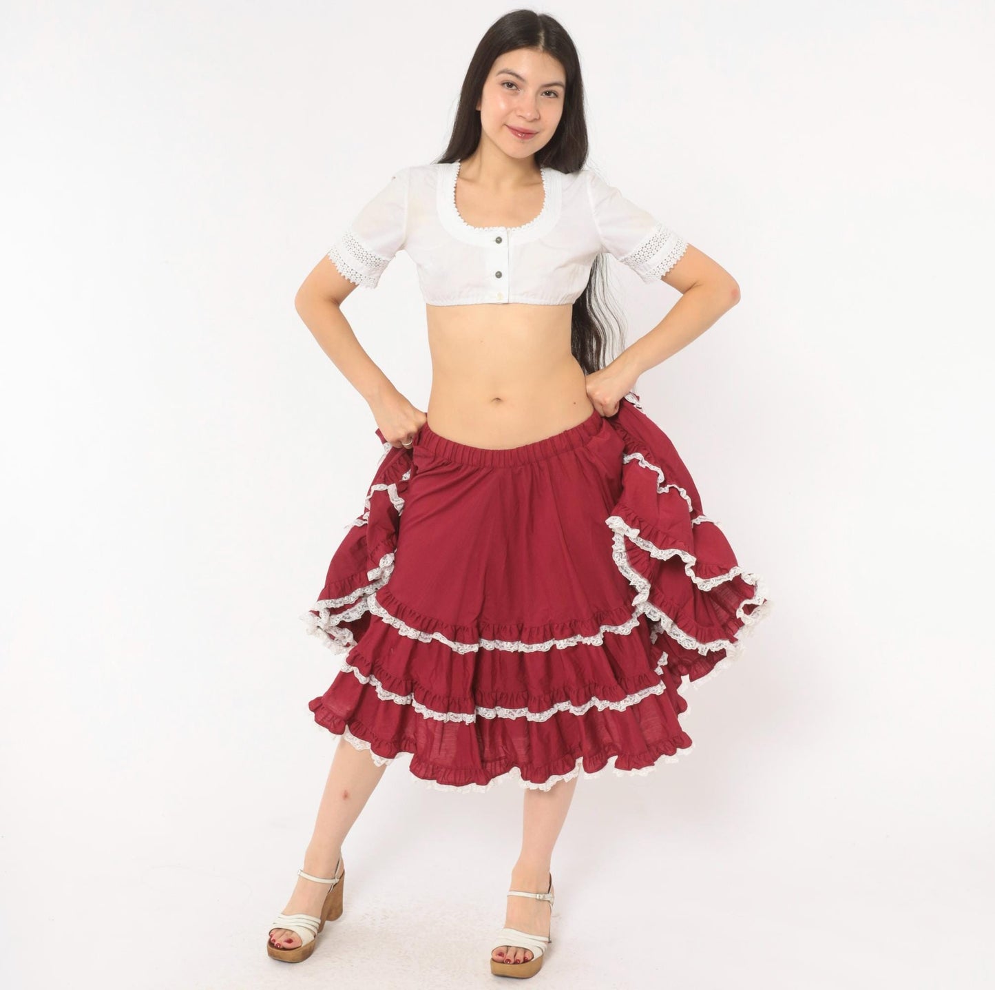 80s Burgundy Tiered Prairie Skirt Cotton Lace Trim Full Circle Medium Large