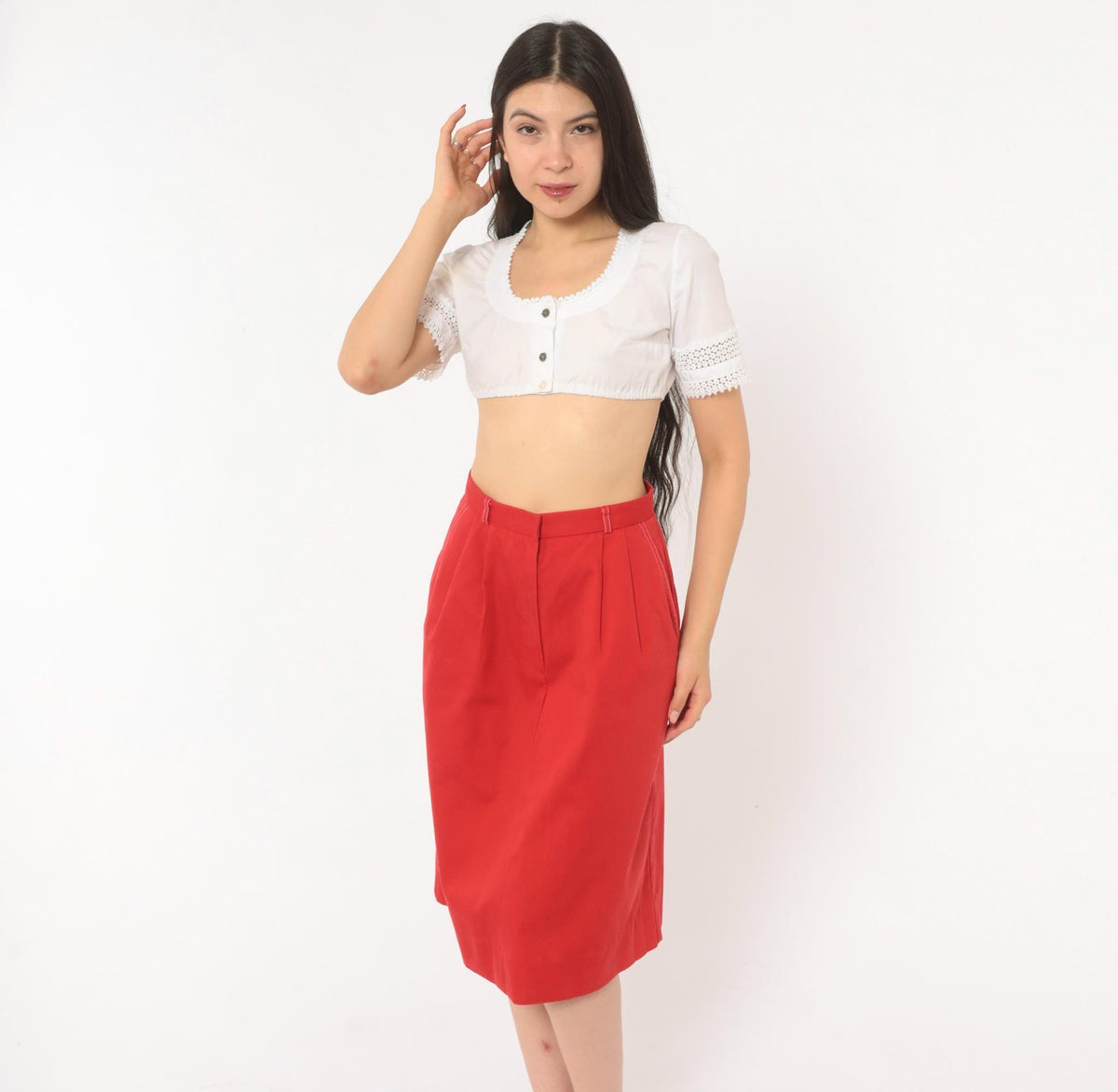 80s Country Suburbans Red Pleated Pencil Skirt Knee Length High Waist Extra Small