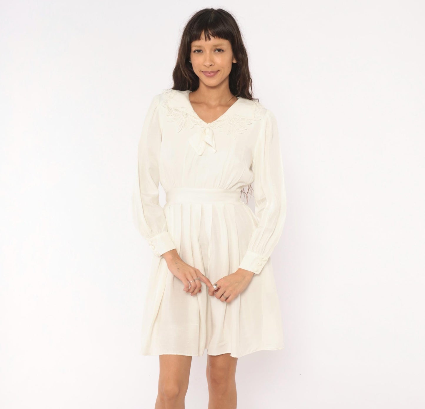 80s Lanz Originals Cream Lace Collar Puff Sleeve Dress Pleated Skirt Small S