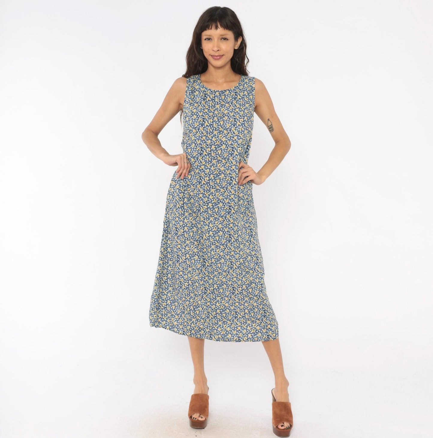 90s Studio Ease Ditsy Floral Midi Dress Navy Blue Yellow Sleeveless Petite Medium