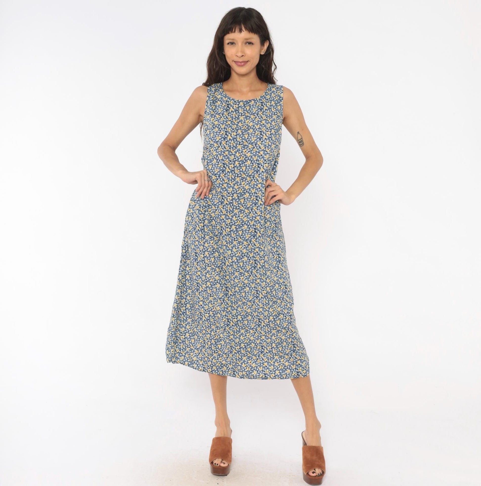 90s Studio Ease Ditsy Floral Midi Dress Navy Blue Yellow Sleeveless Petite Medium