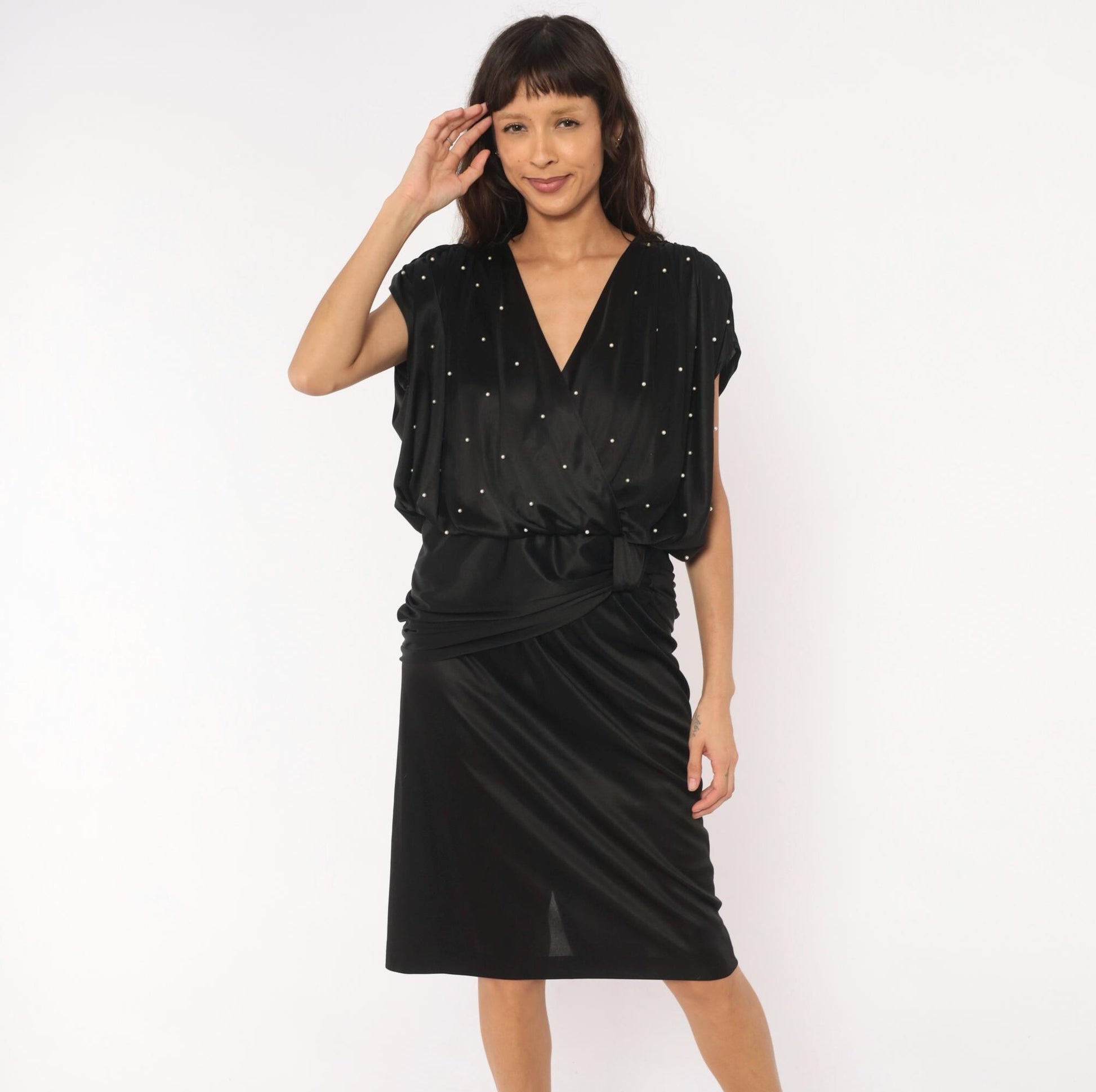 90s Jenny Black Pearl Studded Wrap Dress V Neck Knee Length Medium M