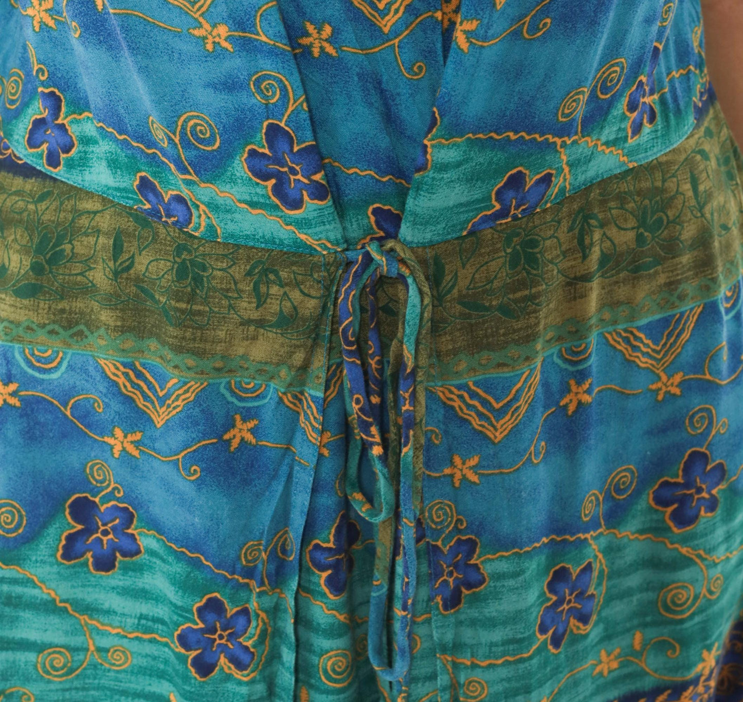 90s Tribal Floral Midi Dress Teal Blue Green Gold Tie Waist Tank Medium M