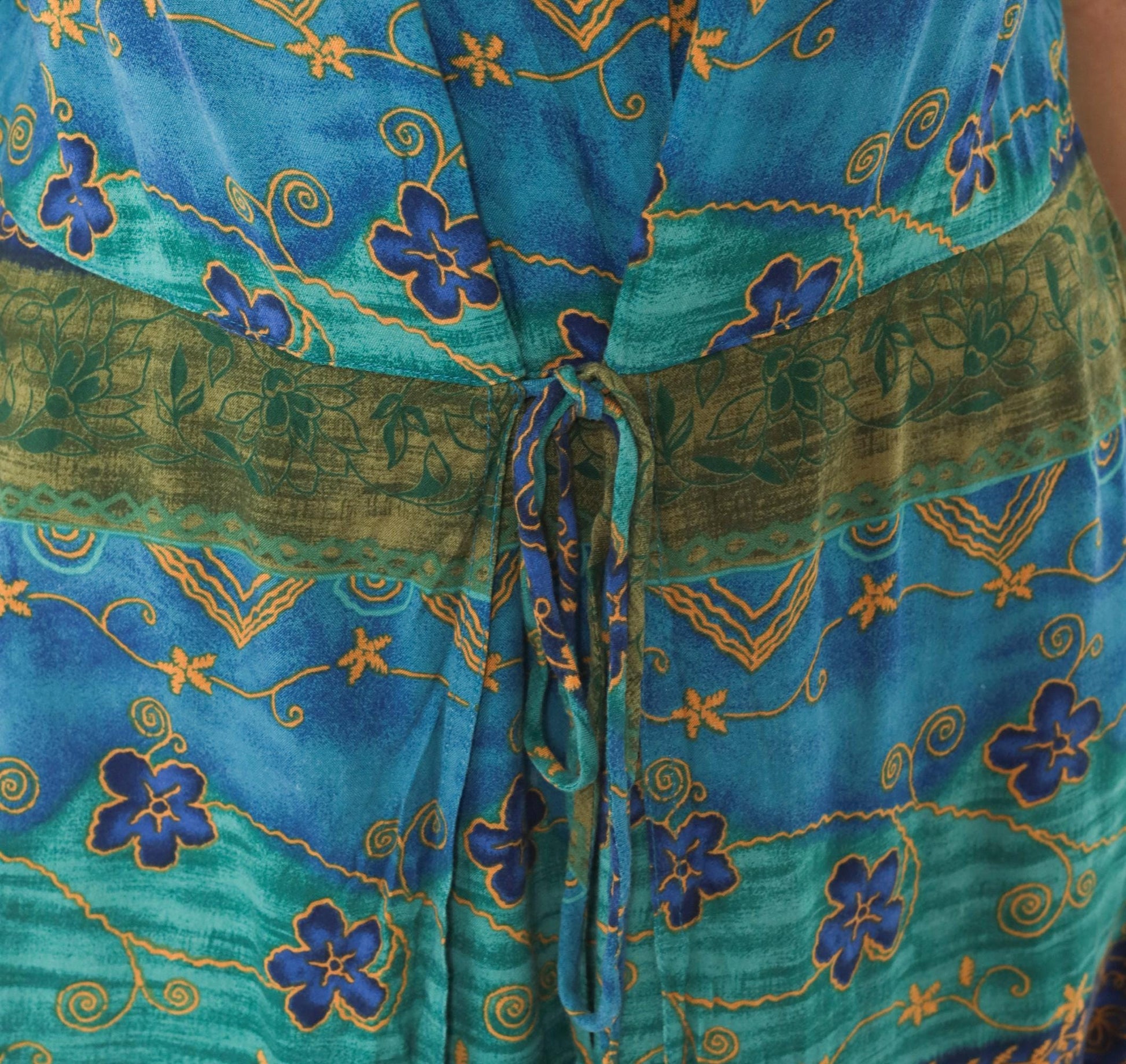 90s Tribal Floral Midi Dress Teal Blue Green Gold Tie Waist Tank Medium M