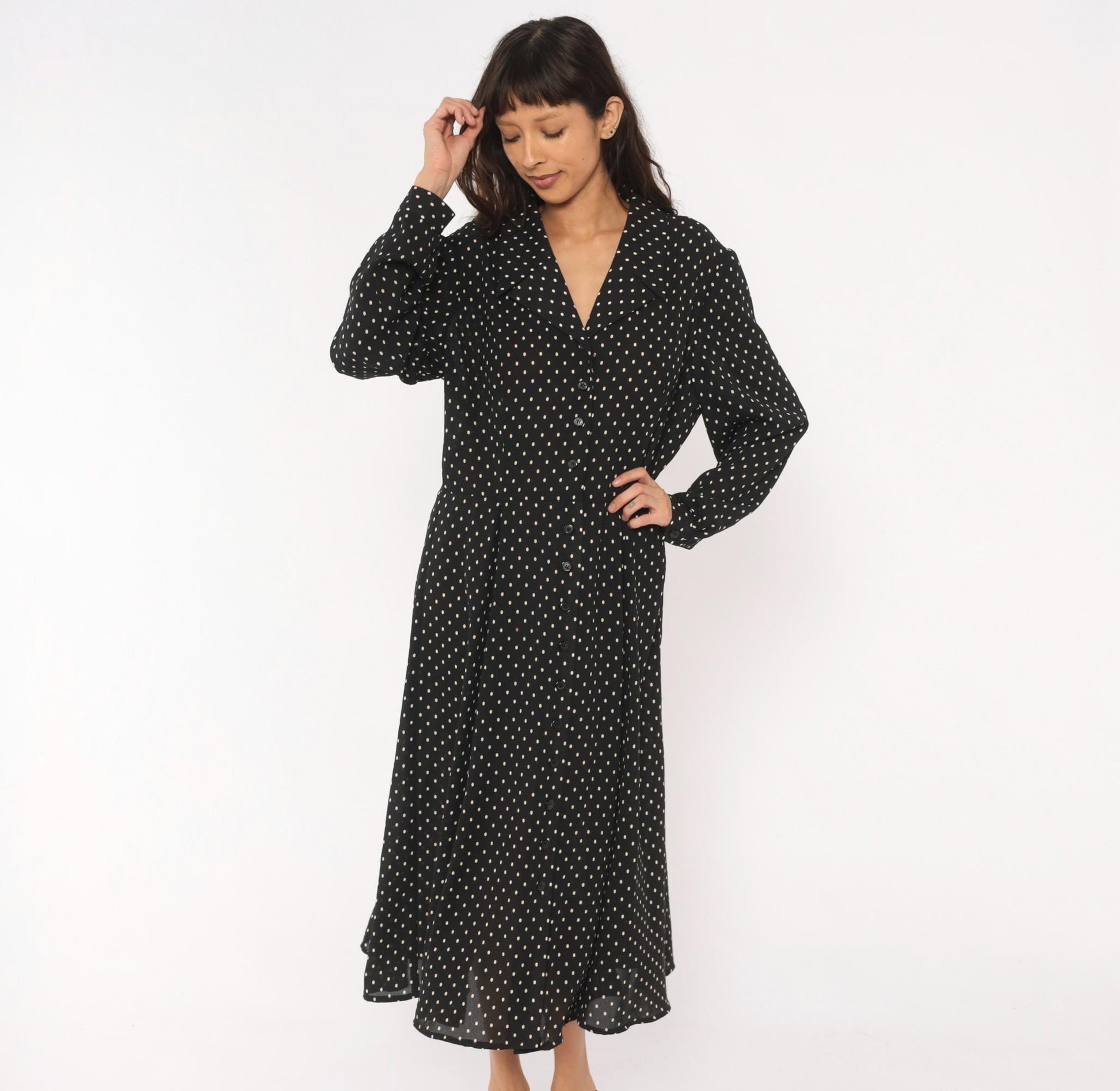 90s Liz Claiborne Polka Dot Shirt Dress Black White Midi Collar Extra Large XXL