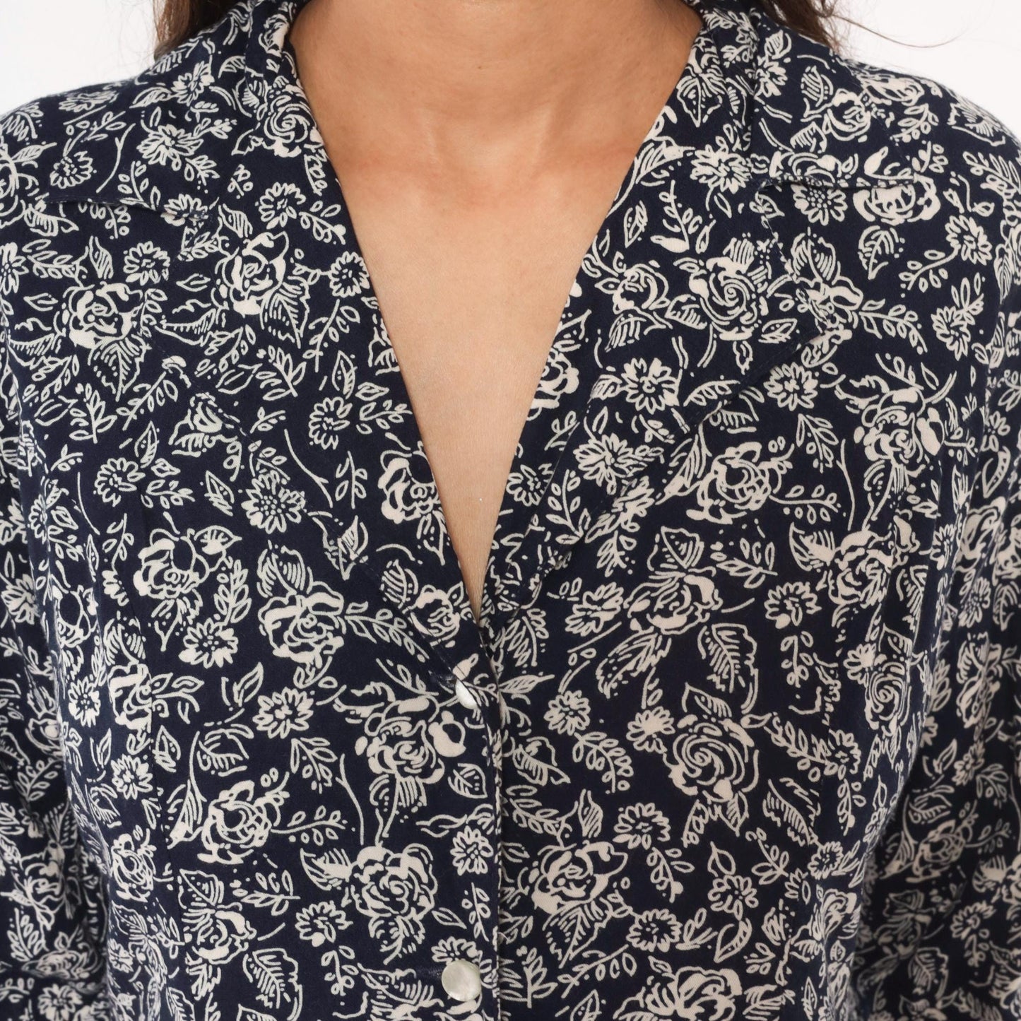 90s Two Twenty Floral Button Front Midi Dress Navy Cream Rose Print Medium M