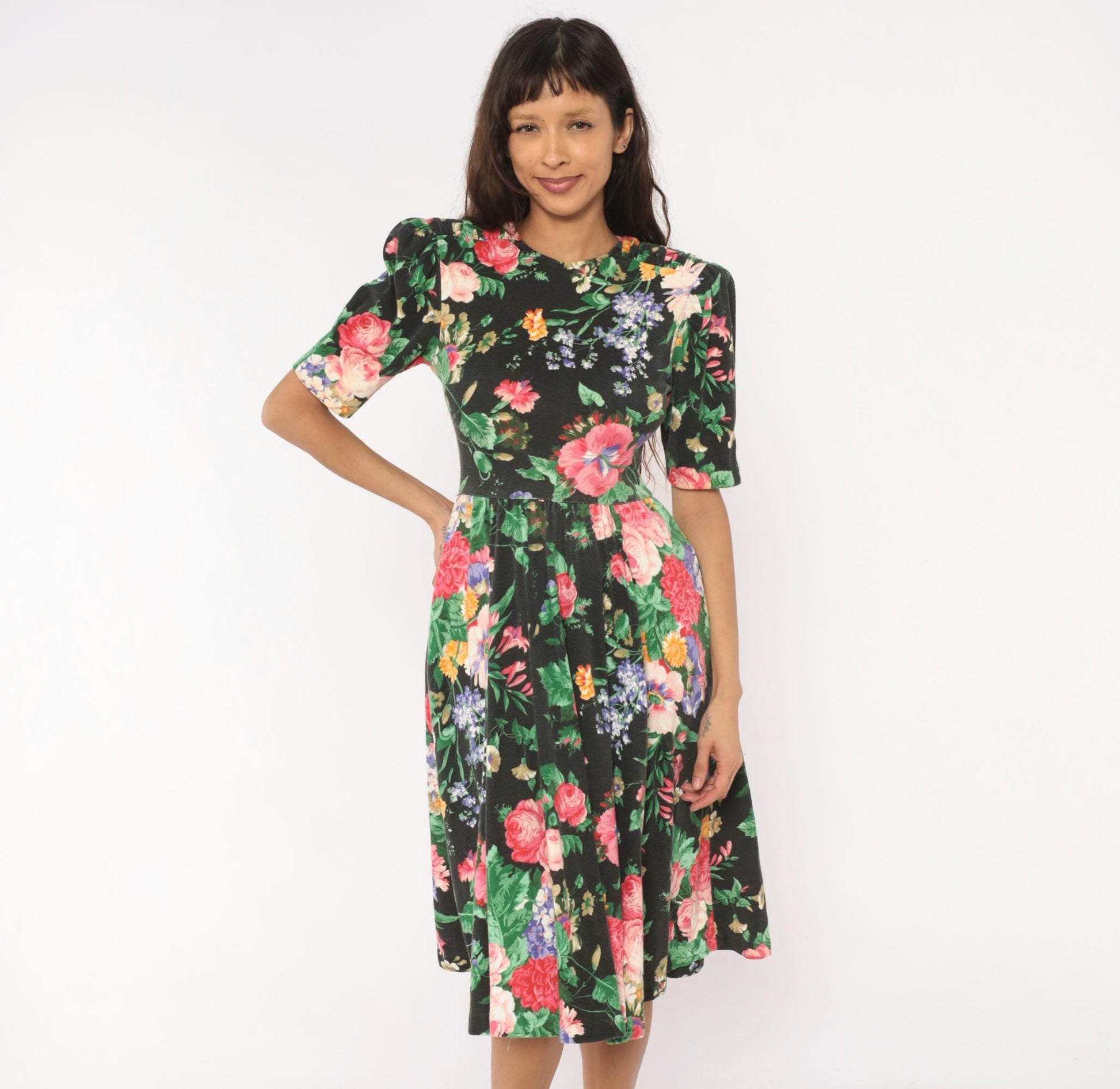 90s Expo Petite Floral Midi Dress Black Pink Puff Sleeve Small