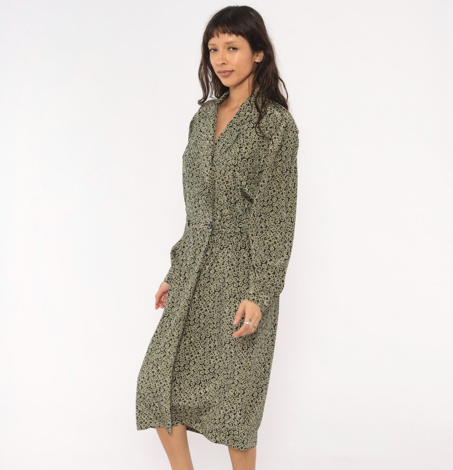 90s Liz Claiborne Navy Olive Scroll Print Midi Shirtdress Large L