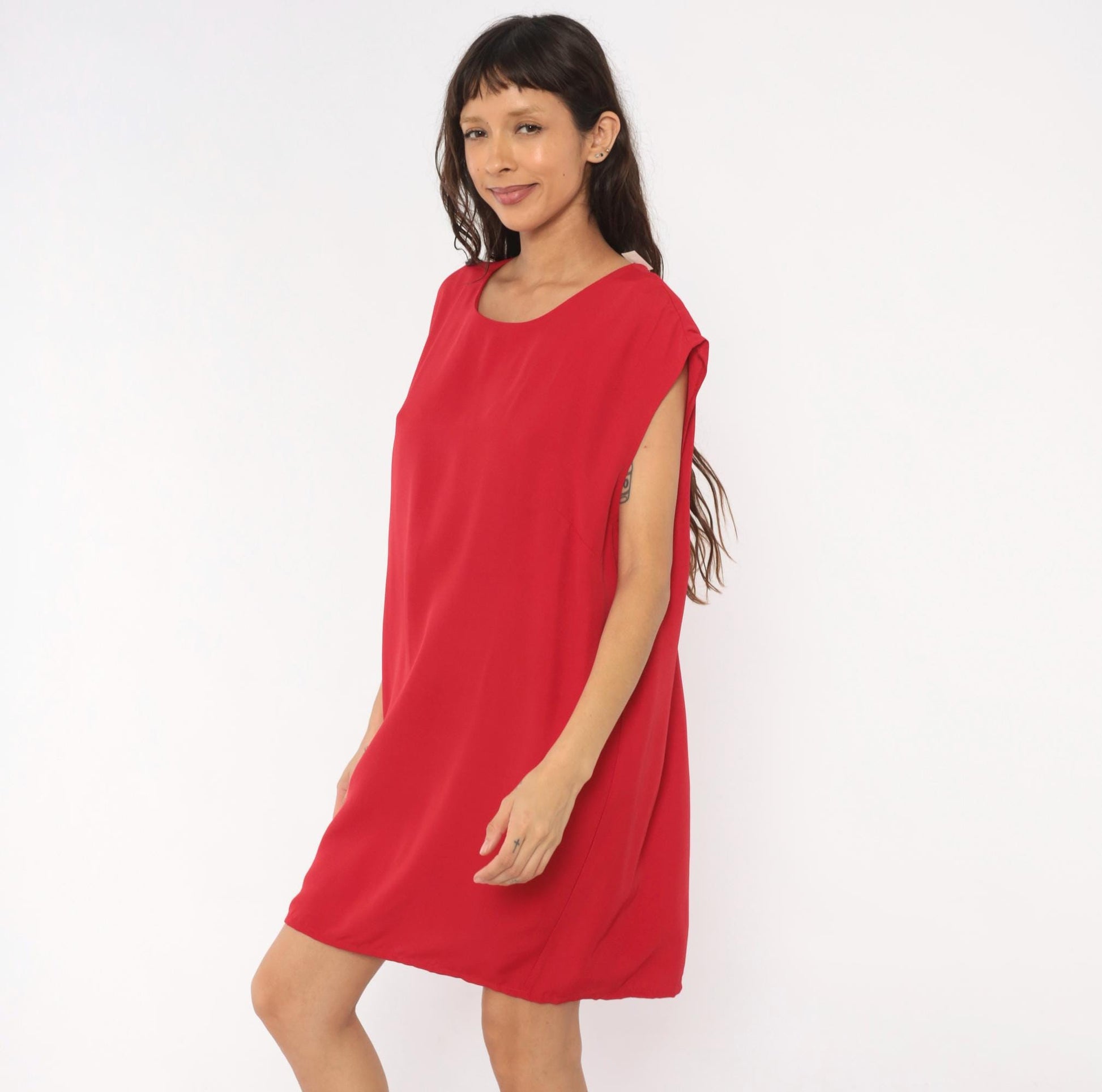 90s Red Shift Dress Cap Sleeve Knee-Length Scoop Neckline Large L
