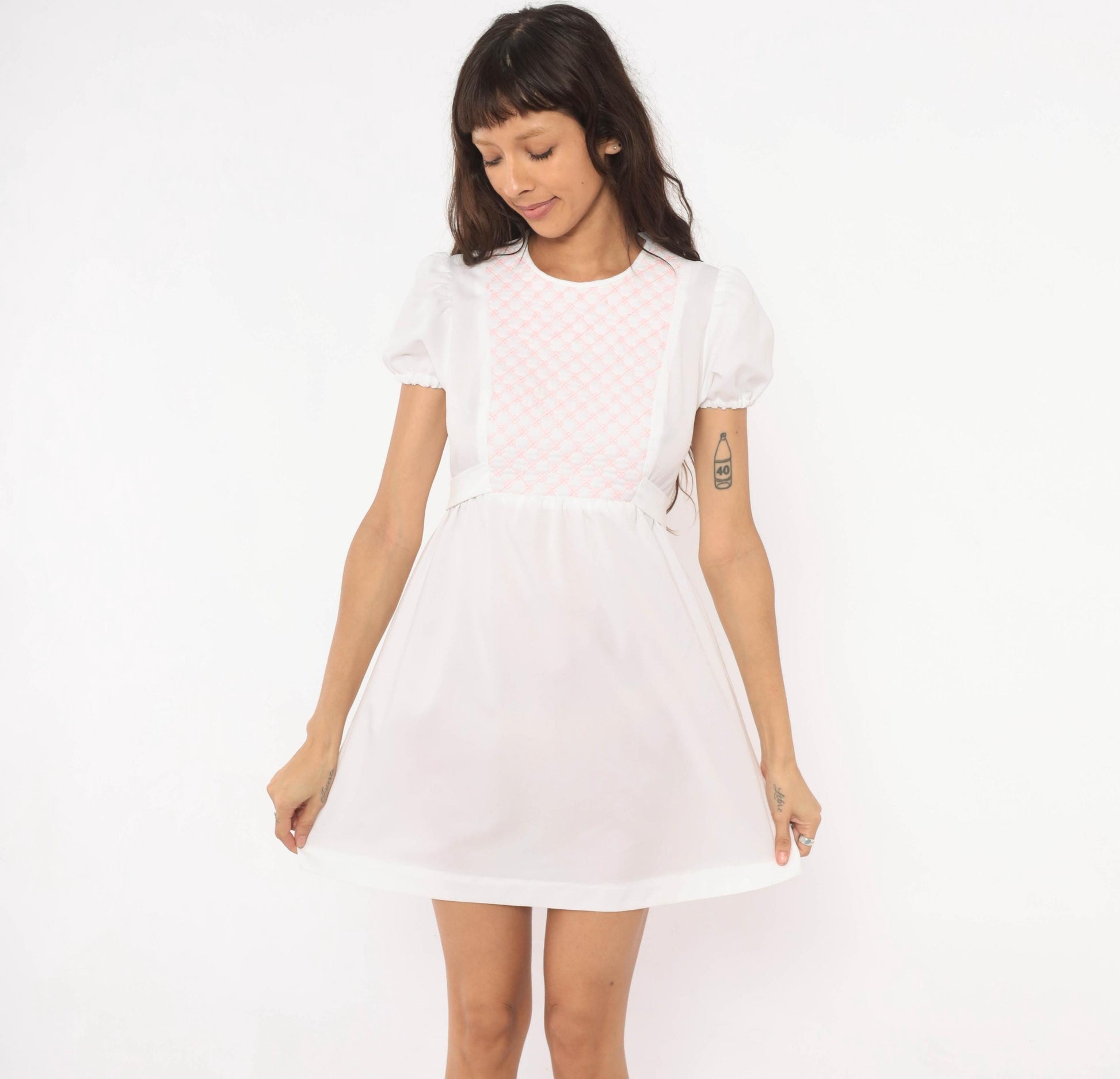 70s Sears Jr White Pink Quilted Puff Sleeve Mini Dress A-Line Small
