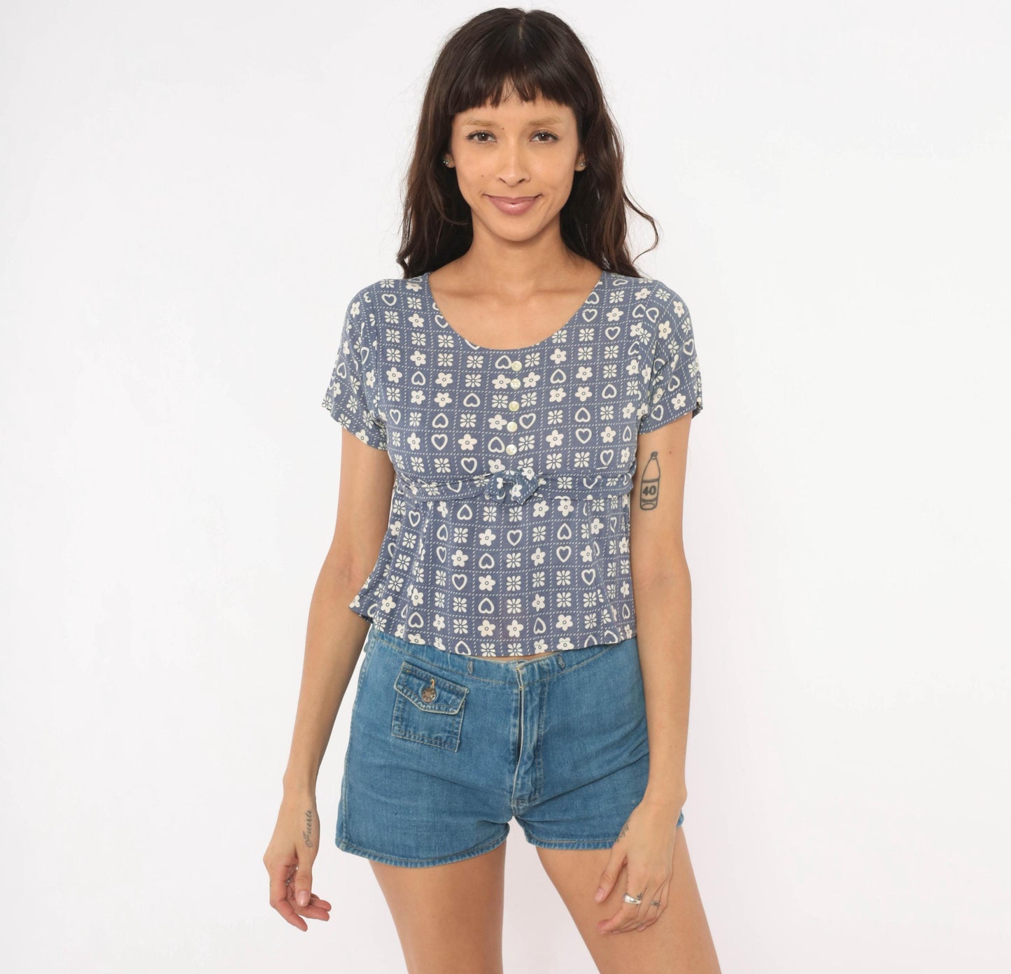 80s New Moves Hearts Flowers Grid Print Blouse Blue White Peplum Crop Extra Small XS