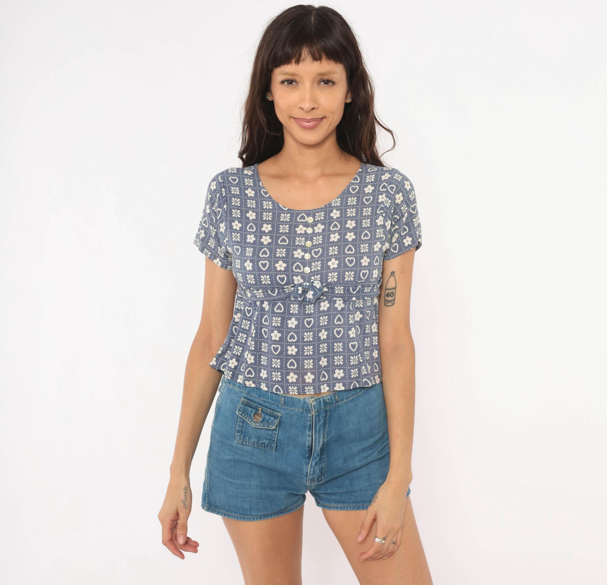 80s New Moves Hearts Flowers Grid Print Blouse Blue White Peplum Crop Extra Small XS