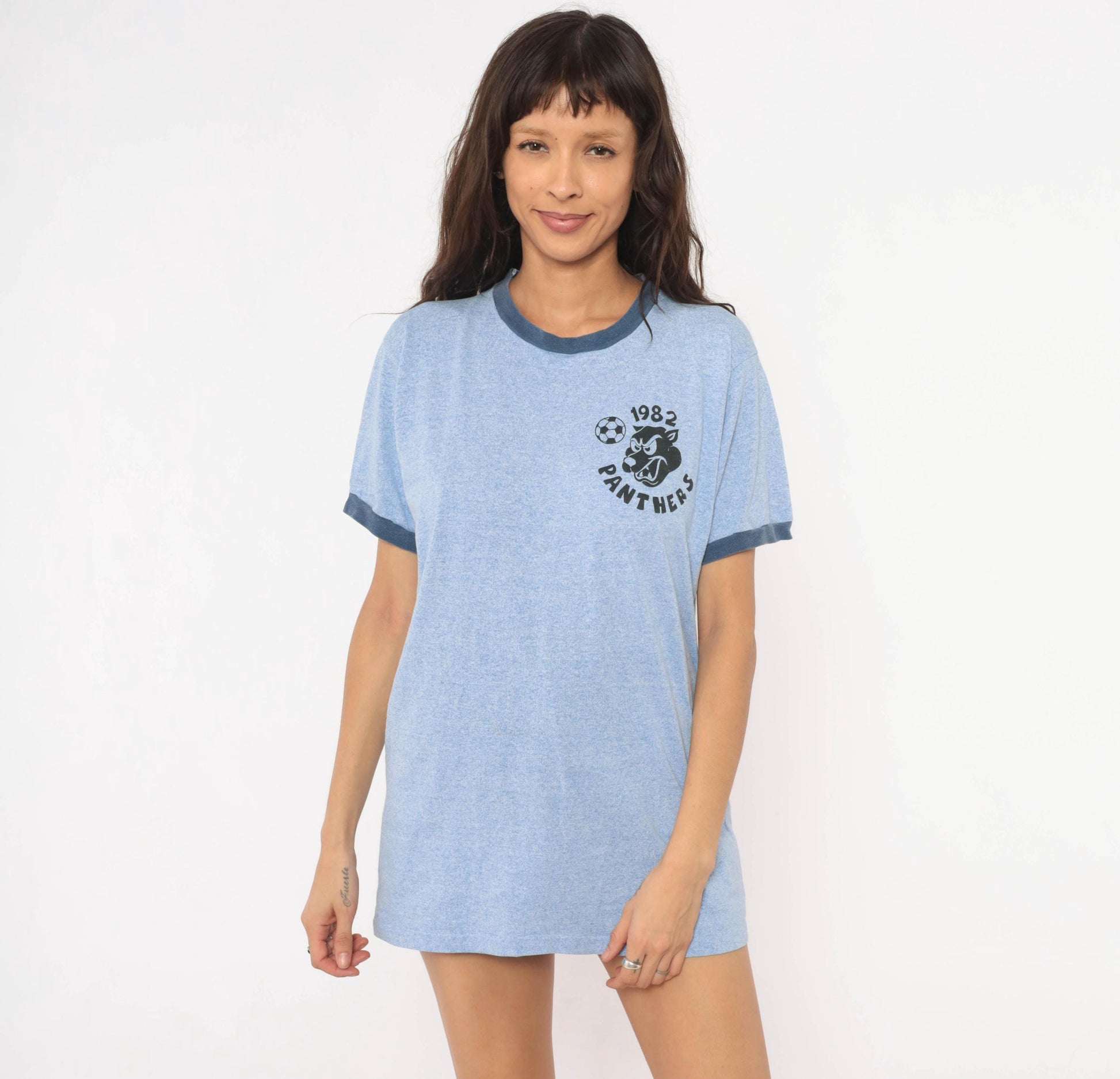 1982 Panthers Soccer Ringer Tee Blue Heather Navy Trim Graphic Large
